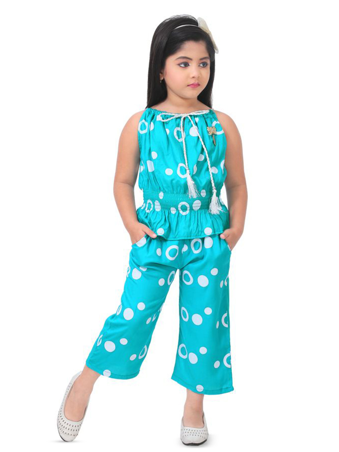 LINKKART FASHION Girls Geometric Printed Tie-Up Neck Top With Palazzos