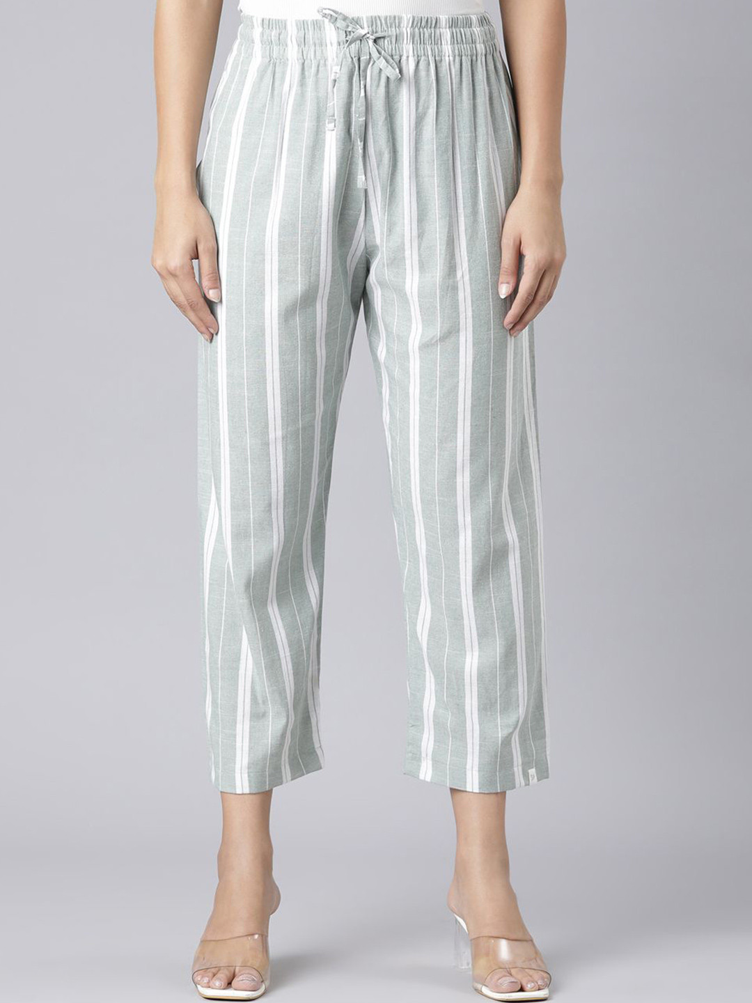 TWIN BIRDS  Women Frosty Green High-Rise Striped Palazzo Pants