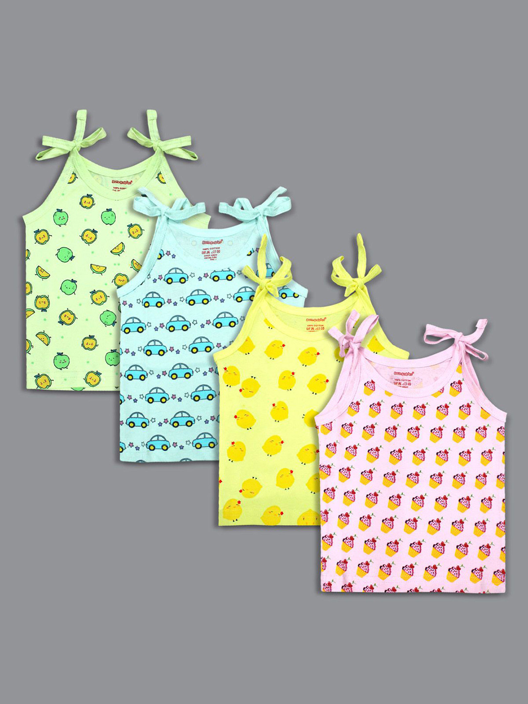 Born Babies Infants Pack Of 4 Printed Cotton Sleeveless Knotted Jhabla Vests CPSBYGK