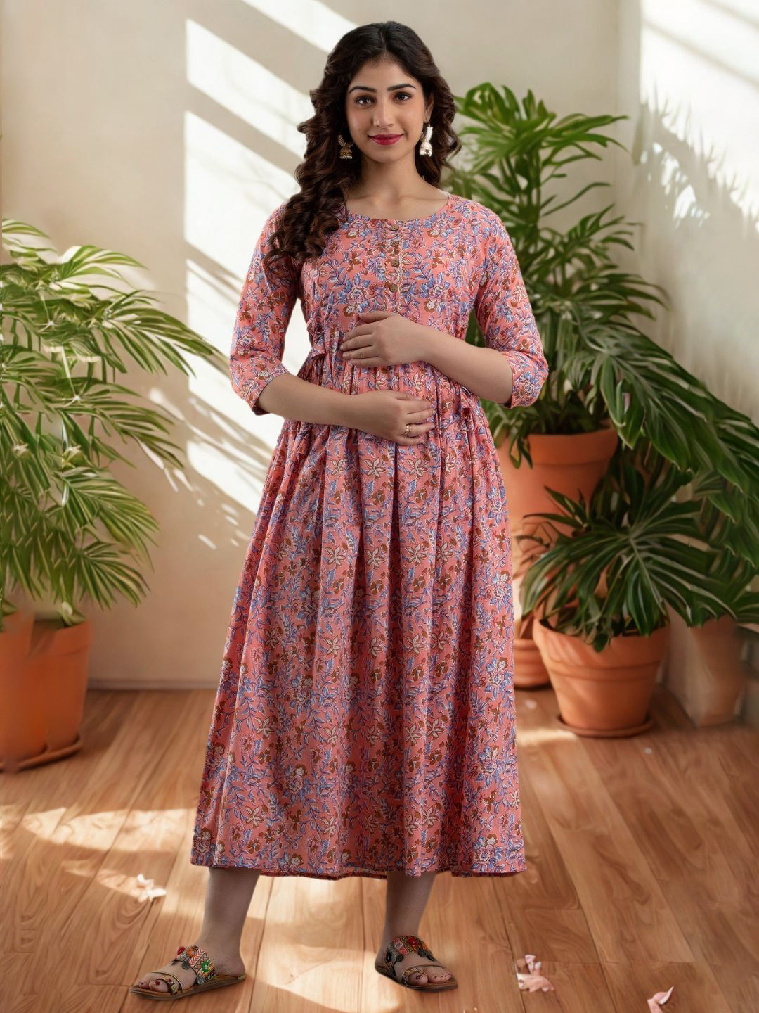 Vaidiki Women Maternity Plus Size Floral Printed Flared Cotton Ethnic Dress