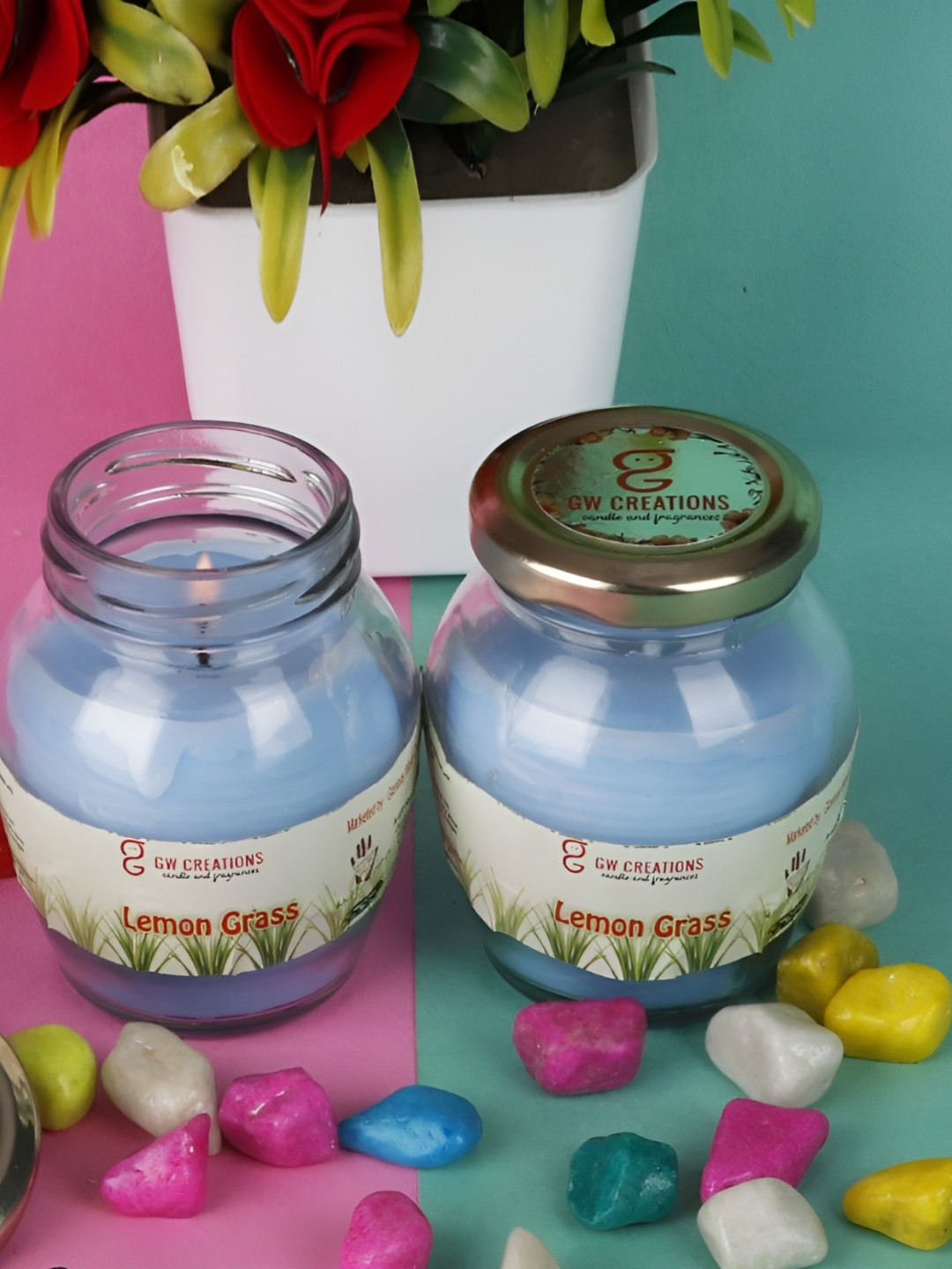 Aura Oval 2Pcs Scented 1 Wick Lemon Grass Solid Geometric Regular Jar Candles