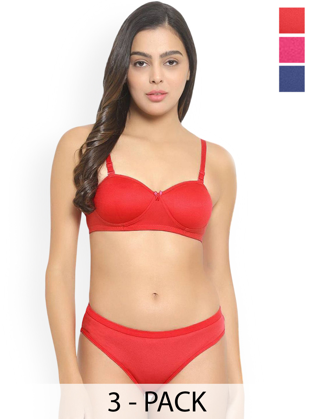 PIBU Pack Of 3 Cotton Lightly Padded Lingerie Set B_Demi-Set_R,B,P
