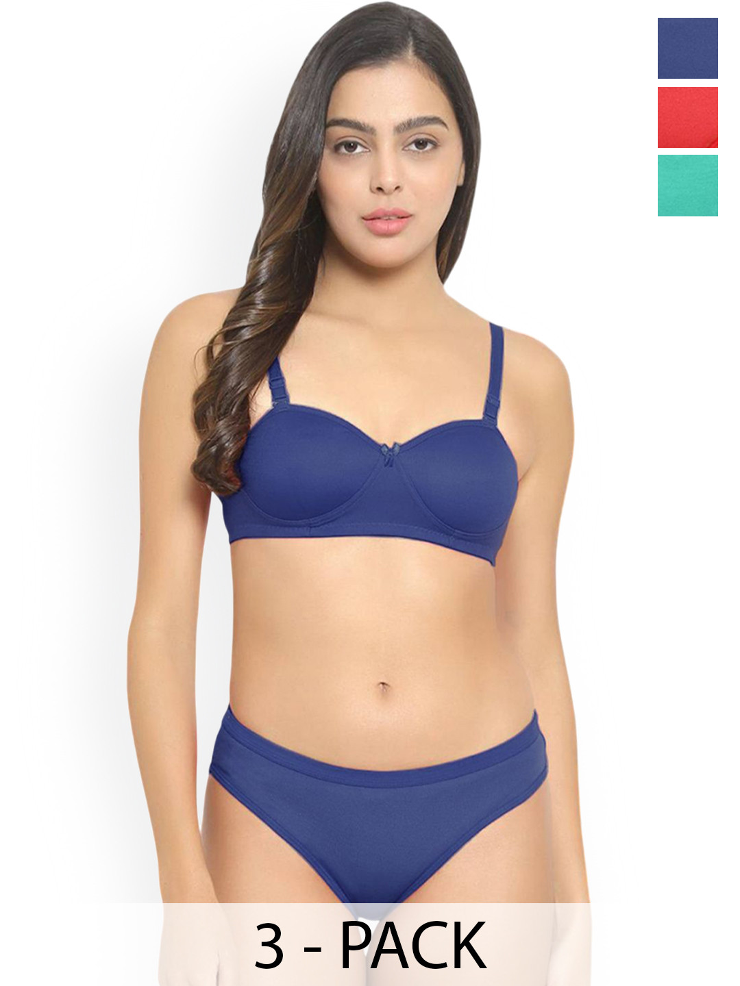 PIBU Pack Of 3 Cotton Lightly Padded Lingerie Set B_Demi-Set_R,B,G