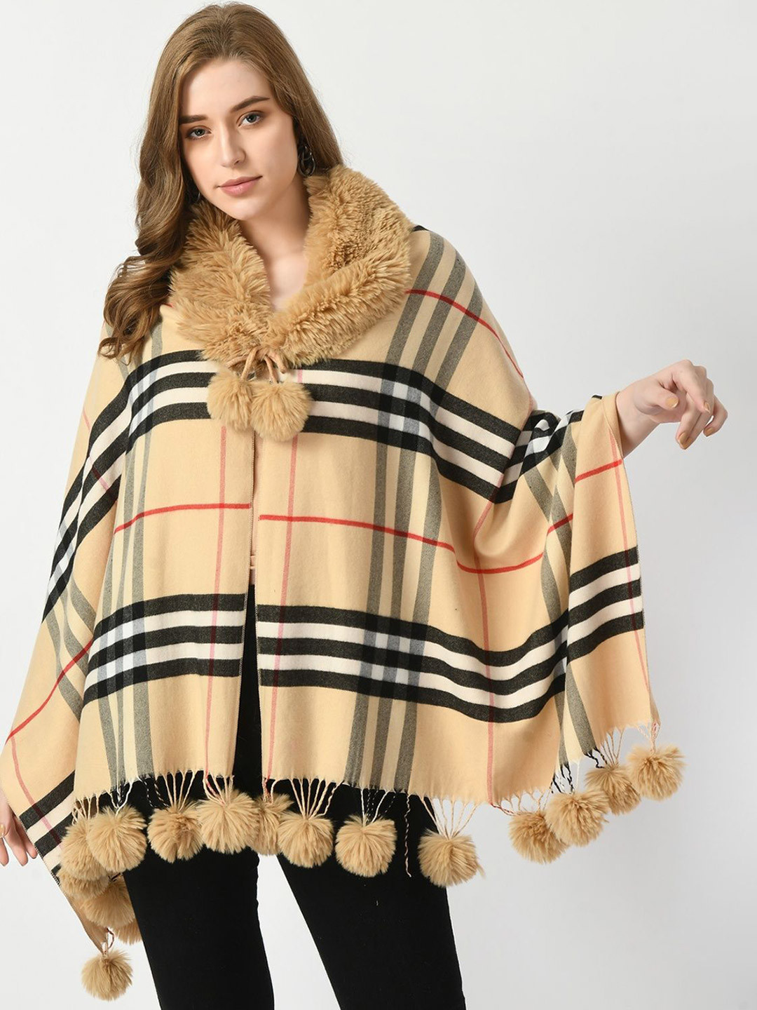 Manra Checked Woollen Fur Ball Collar Shawl