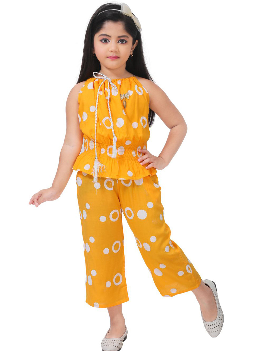 LINKKART FASHION Girls Geometric Printed Tie-Up Neck Top With Palazzos