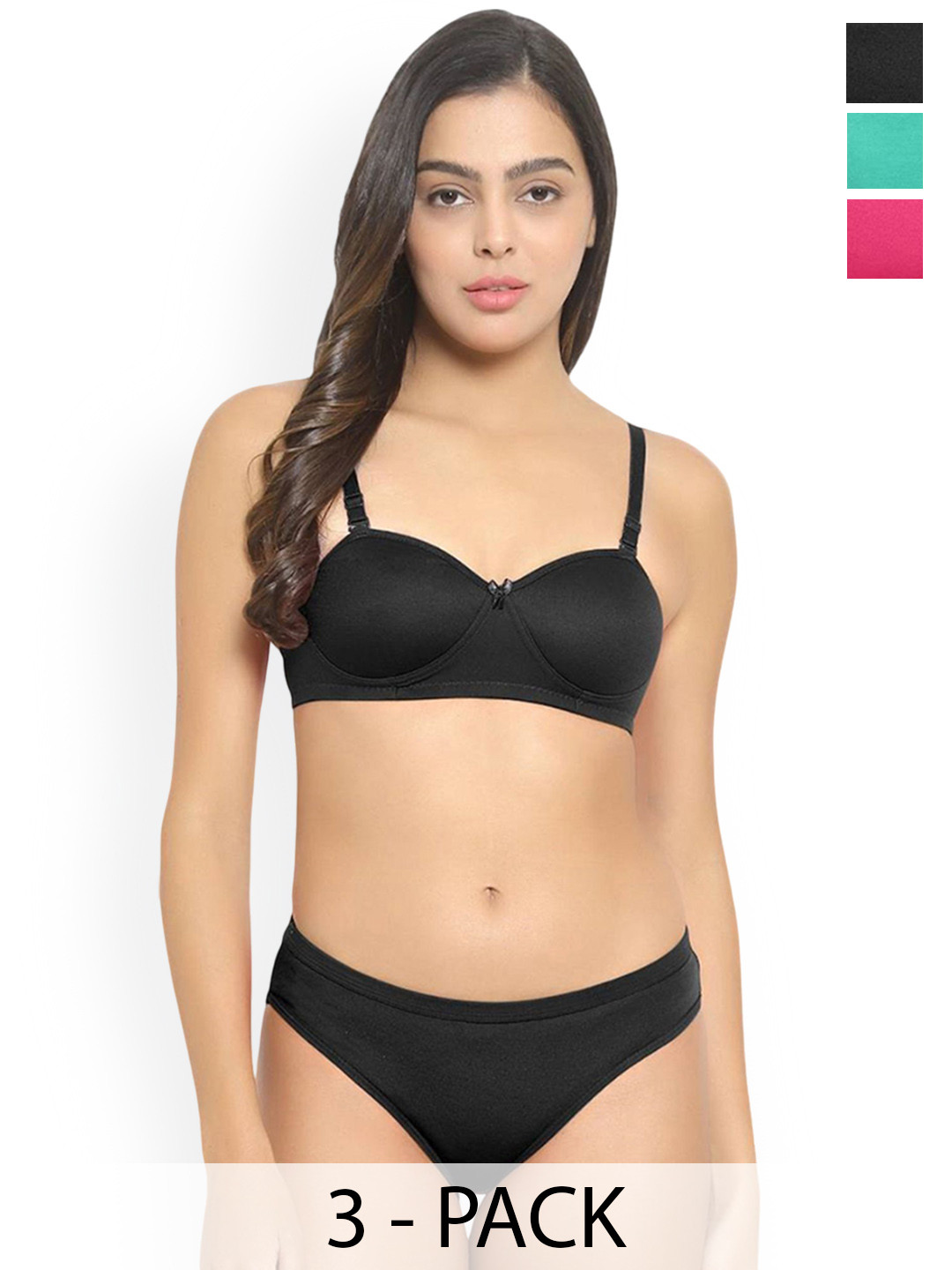 PIBU Pack Of 3 Cotton Breathable Lingerie Set B_Demi-Set_G,Bl,P