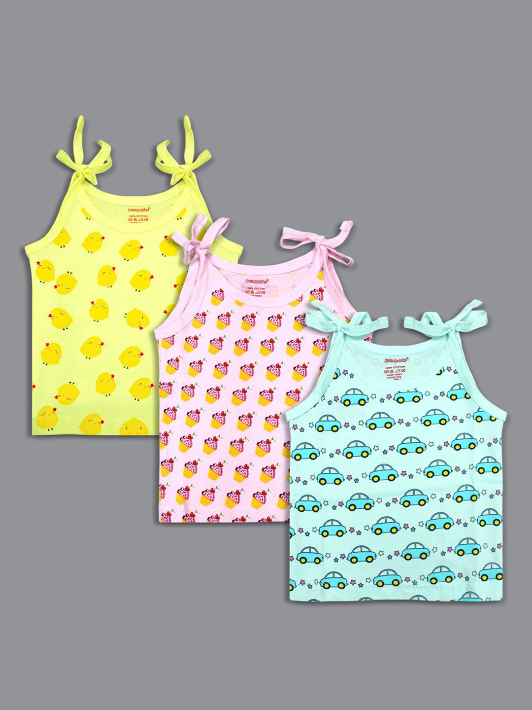 Born Babies Infants Pack Of 3 Printed Cotton Sleeveless Knotted Jhabla Vests CSBPYK