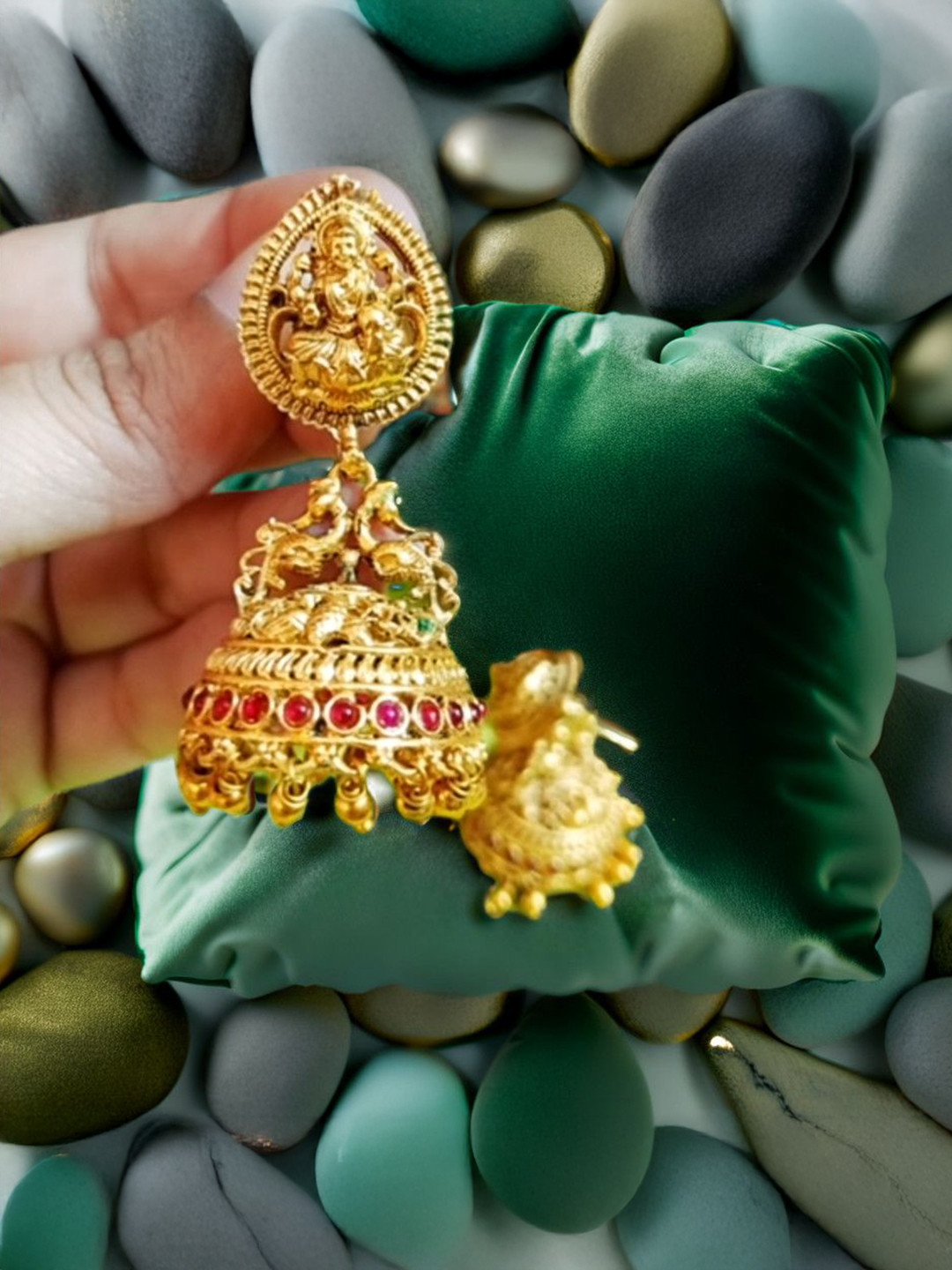 BlingNation Gold-Plated Faux Ruby Stones Studded Dome Shaped Jhumkas