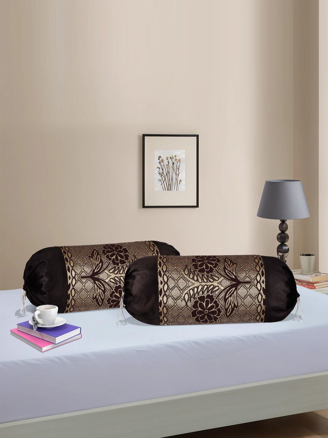 Myntra Elegant Homes 2-Pcs Brown Bolster Pillow Cover With Dori
