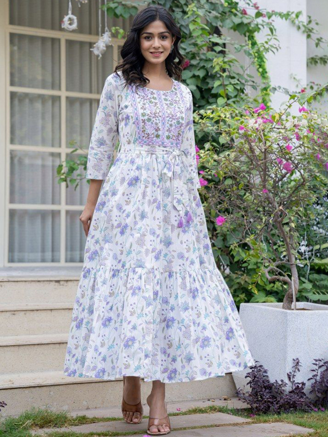 Jaipuri Adaah Embroidered Printed Maxi Ethnic Dress