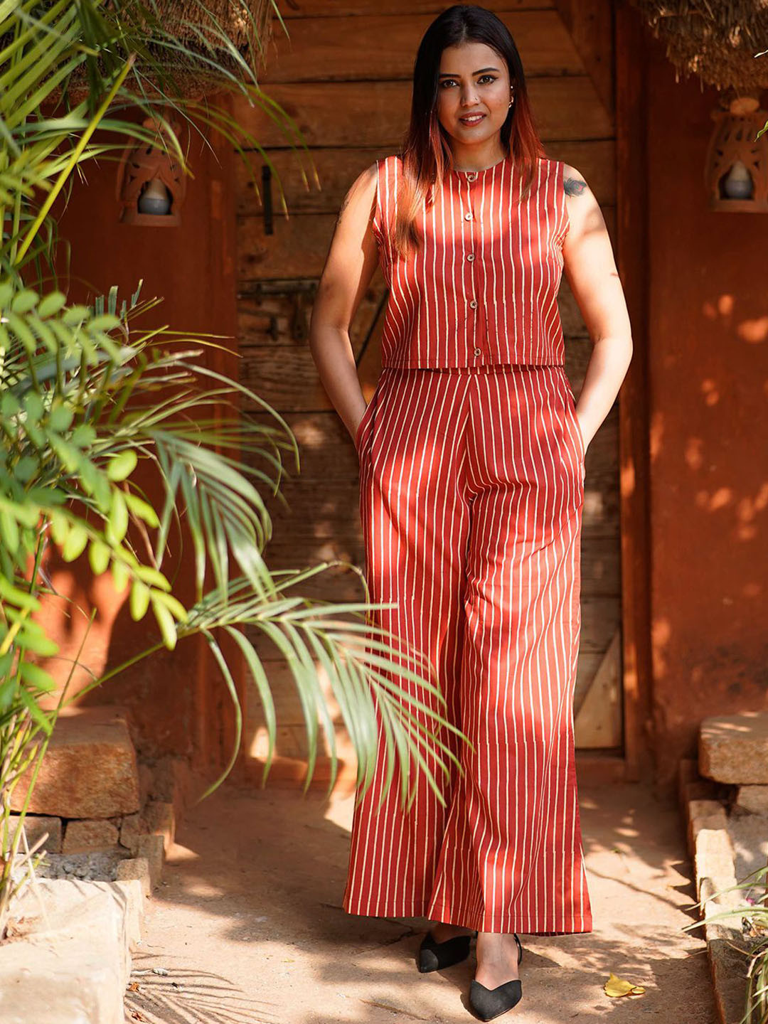 Weaves of Tradition Striped Pure Cotton Top With Trouser Co-Ords