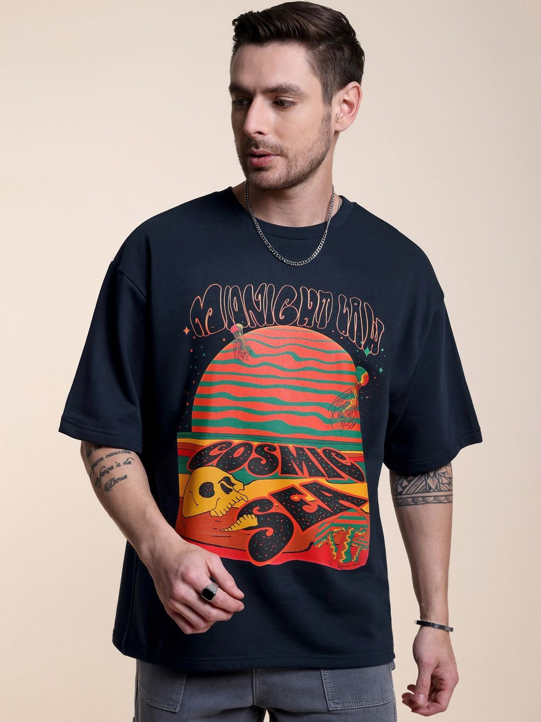 Midnight LAW Cosmic Sea Graphic Printed Round Neck Cotton Oversized T-shirt