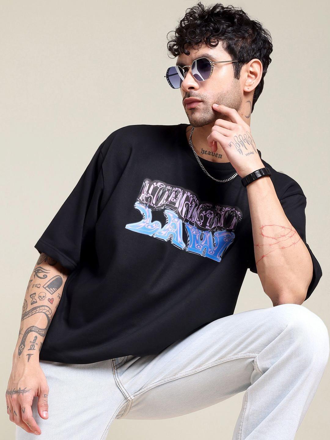 Midnight LAW Unisex Brand Logo Drop-Shoulder Sleeves Round Neck Cotton Oversized T-shirt