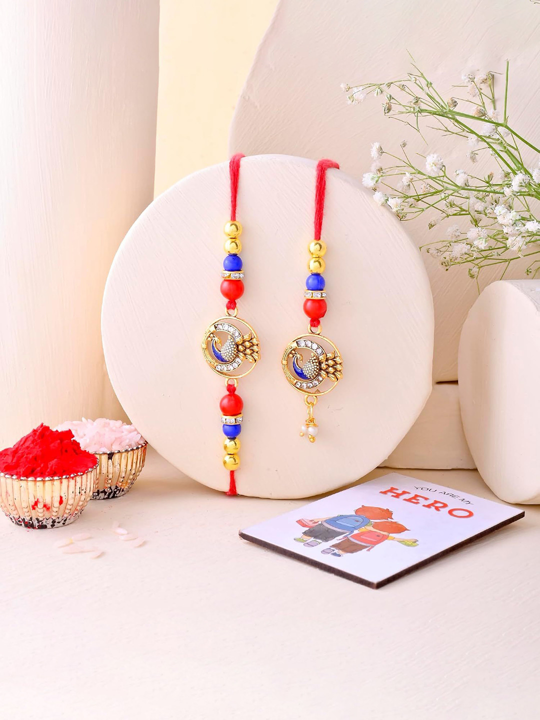 Ascension 4-Pcs Peacock & Pearl Designer Rakhi Fridge Magnet & Roli Chawal