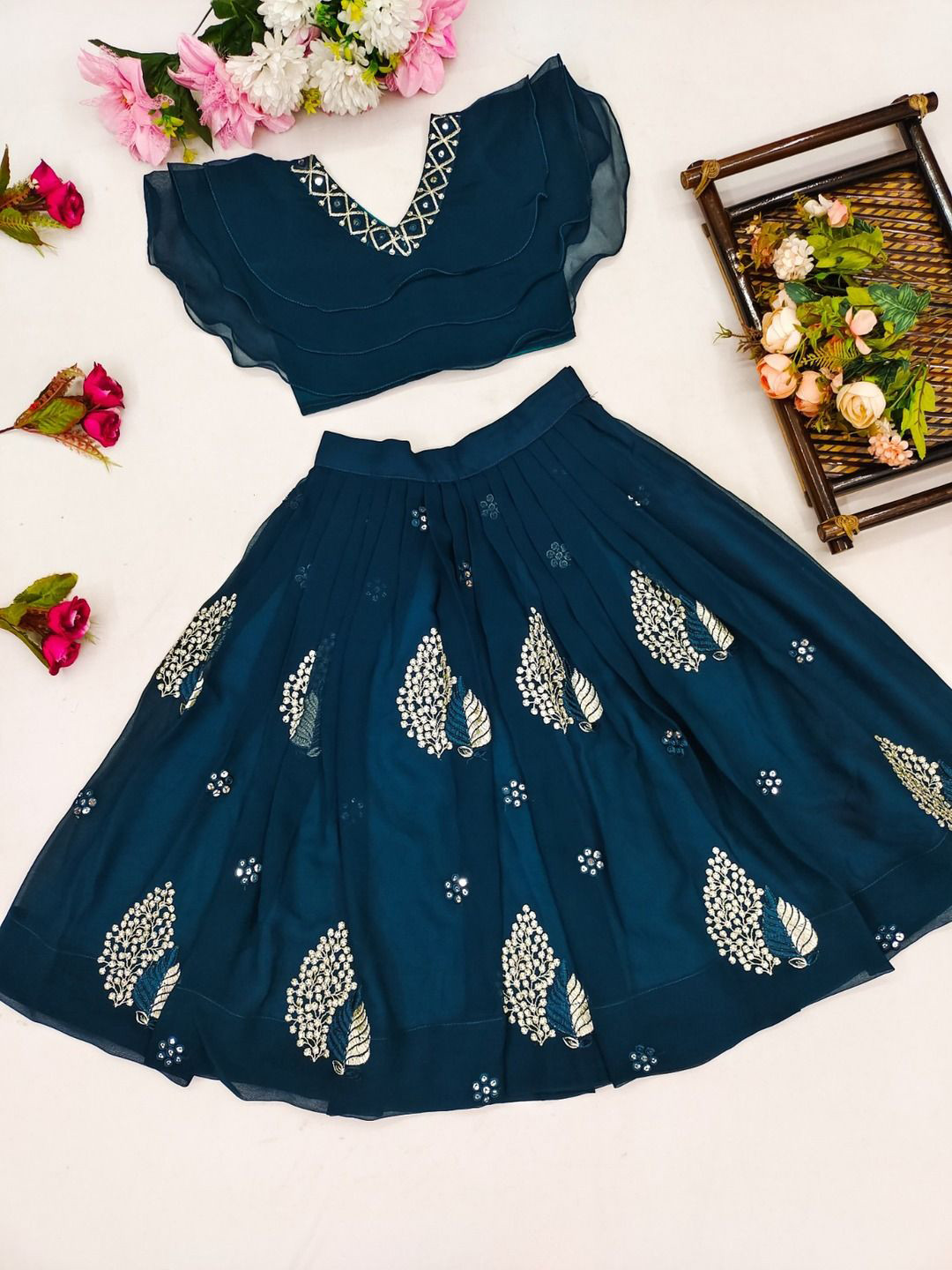 BAESD Girls Embellished Thread Work Ready to Wear Lehenga & Choli