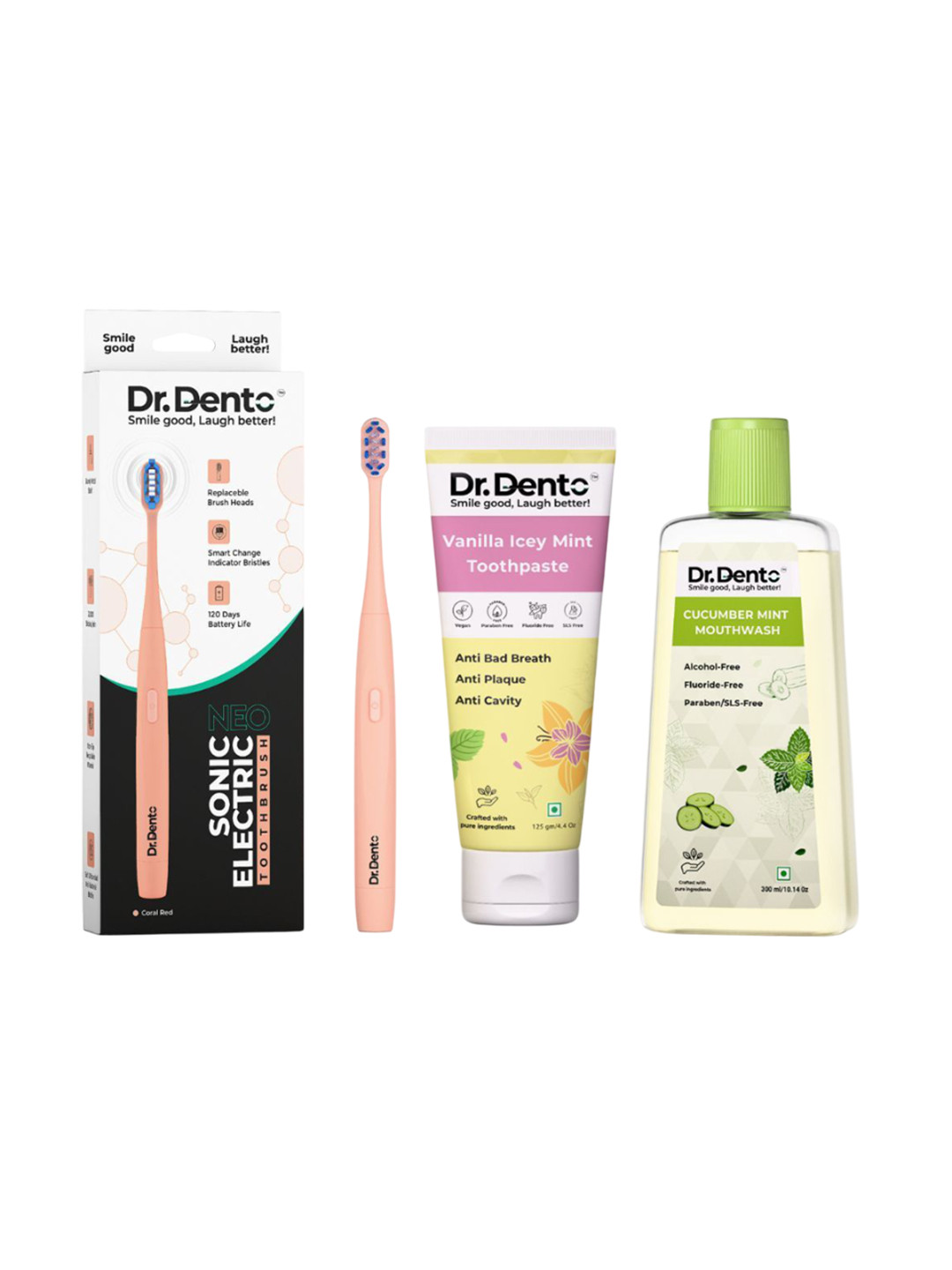 Dr. Dento Set of Vanilla Toothpaste 125gm, Cucumber Mouthwash 300ml & Electric Toothbrush