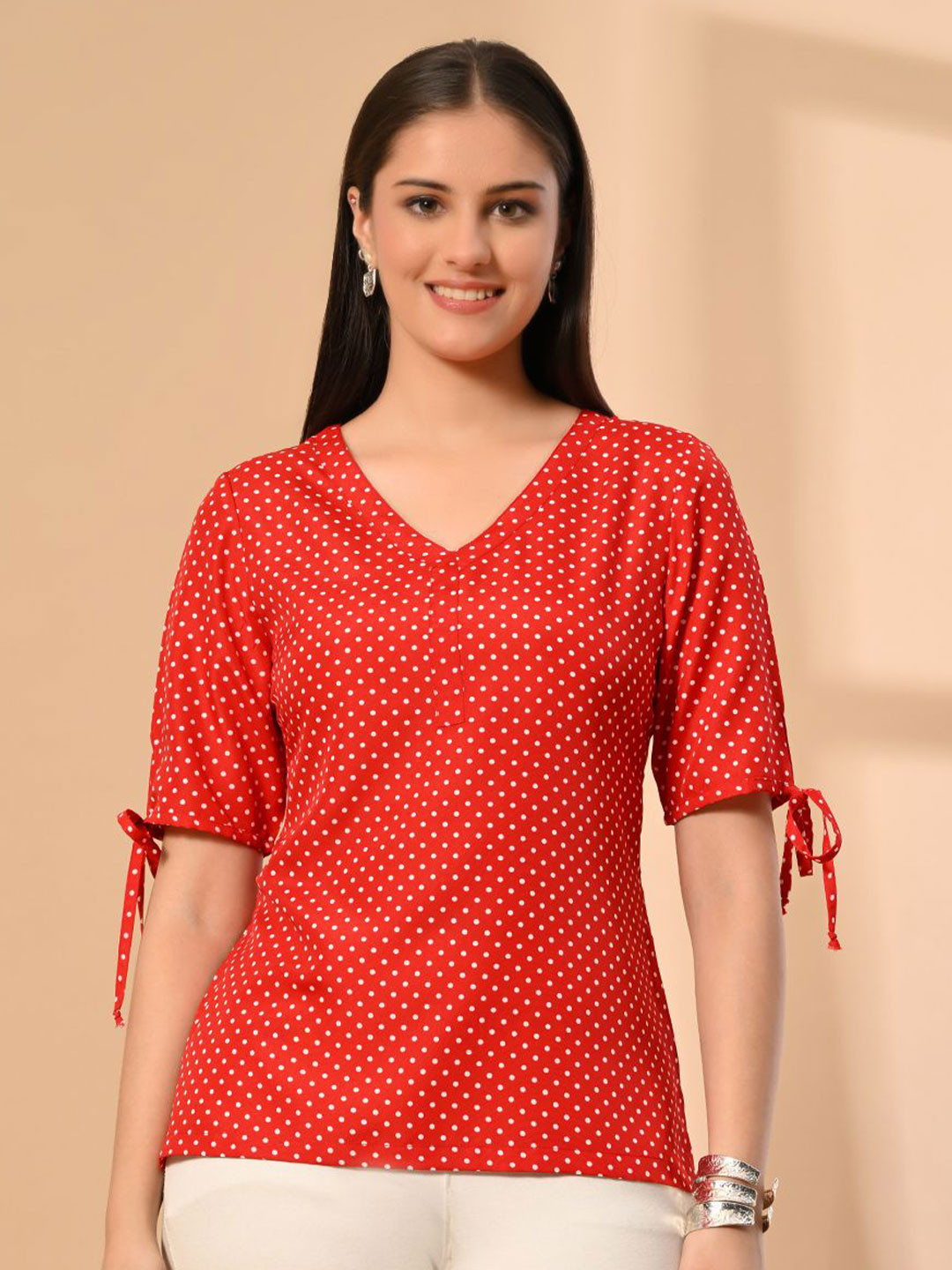 MEESAN Micro Or Ditsy Printed Tie-Ups Detail Top