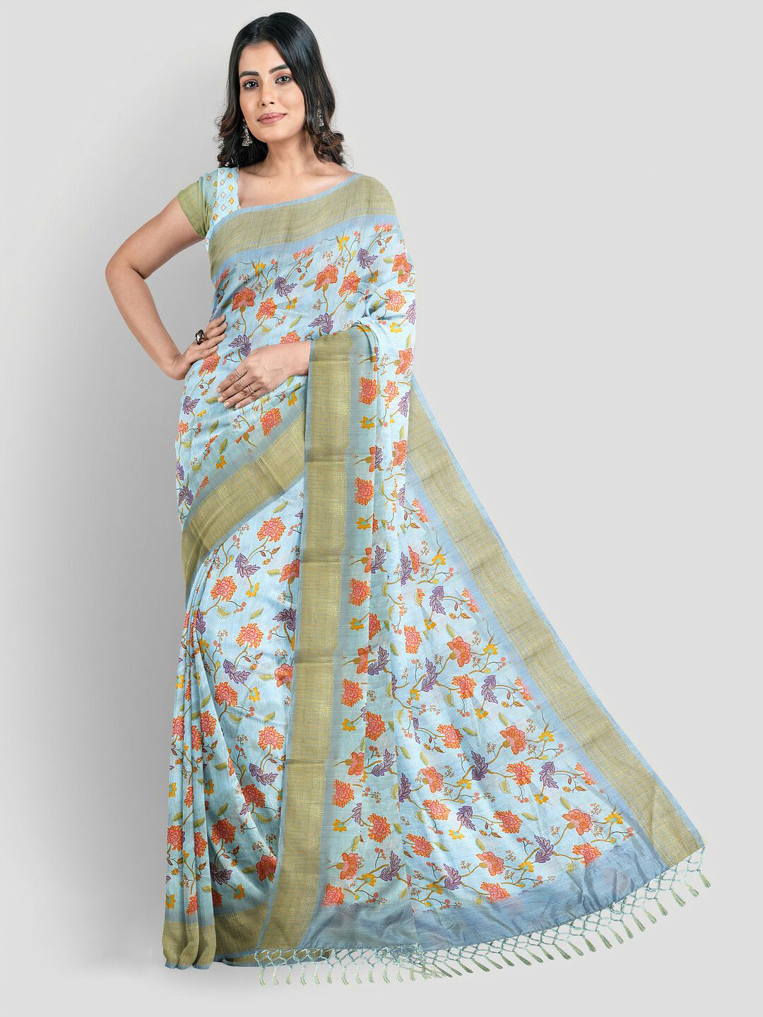 Arron Creats Floral Print  Zari Saree