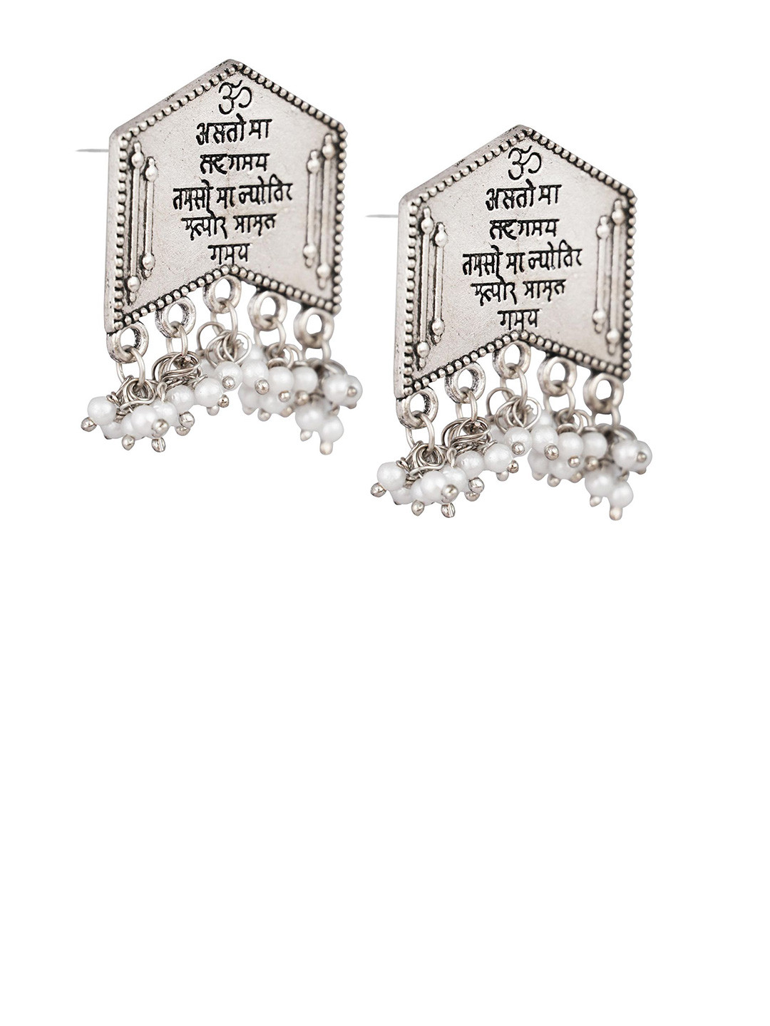 19TH JULY JEWELS Silver-Plated Pearls Beaded Oxidised Contemporary Drop Earrings