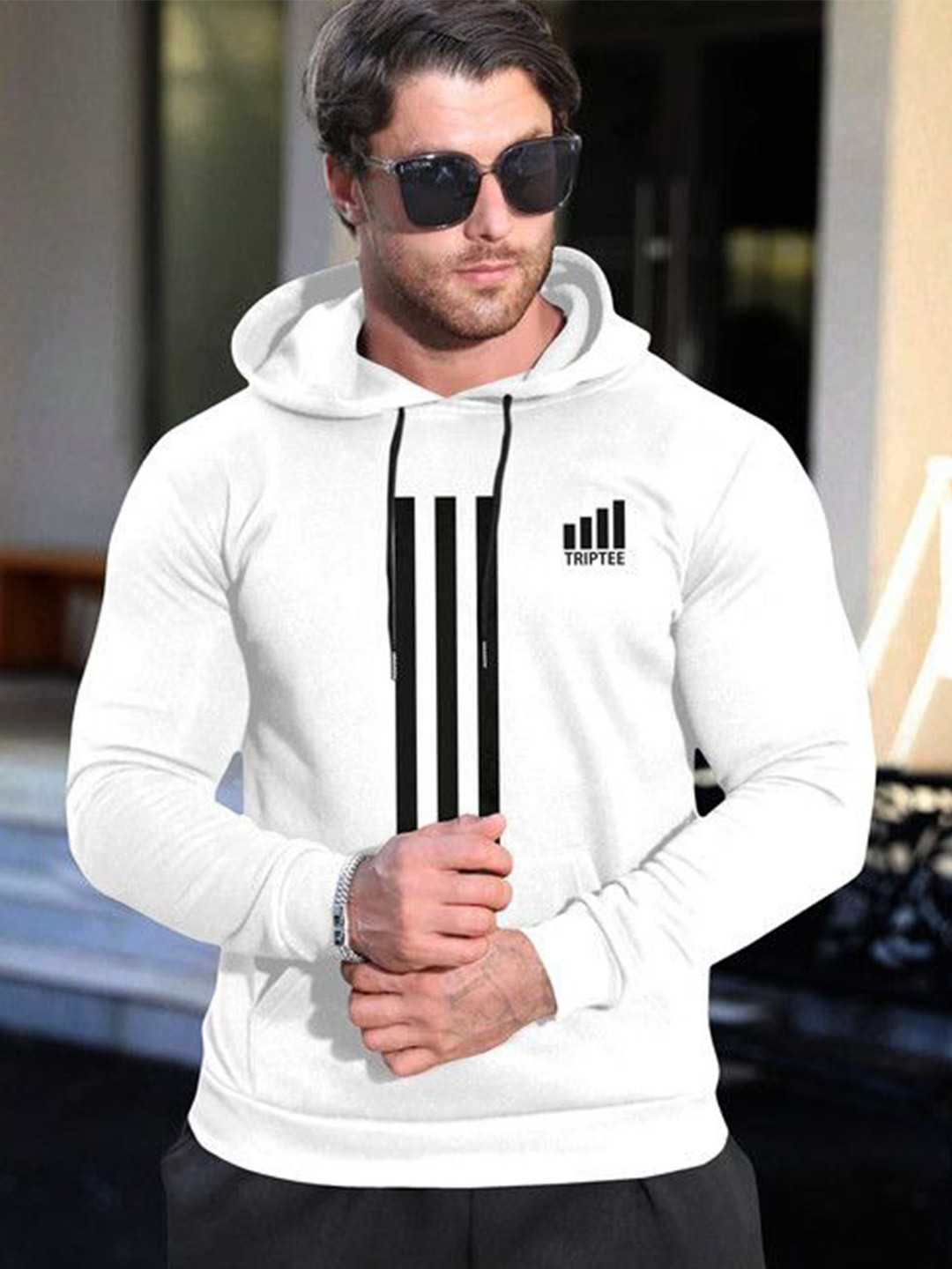 Triptee Men High Neck Striped Hooded Sweatshirt
