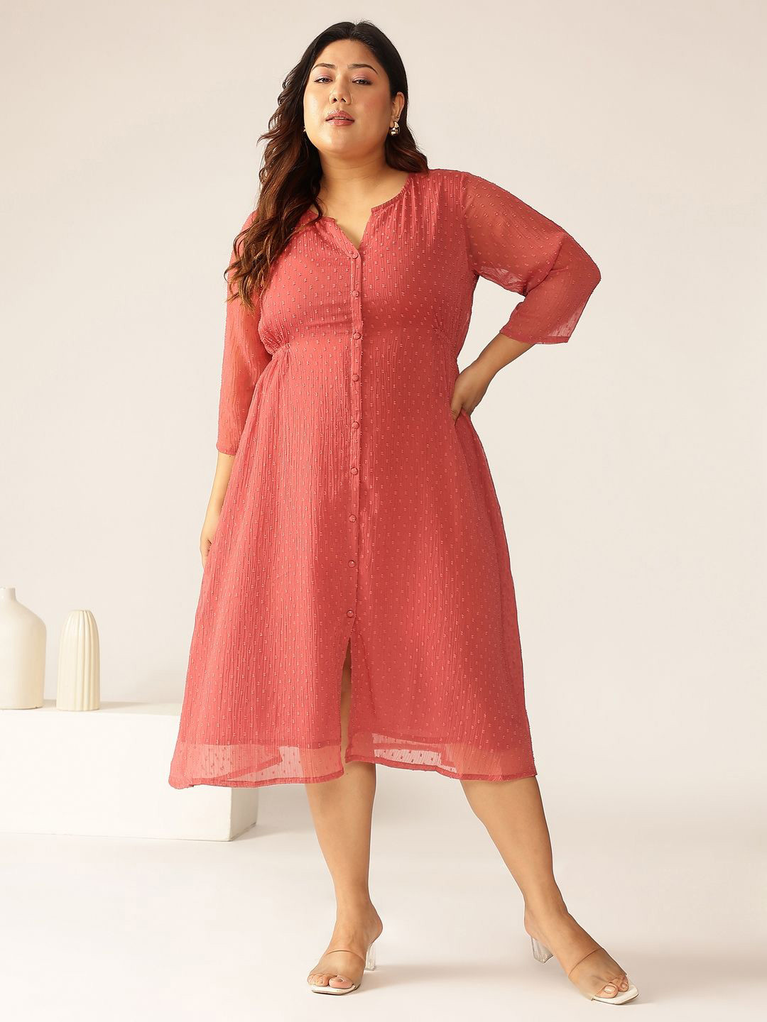 Janasya Women Plus Size Mauve Dobby Chiffon Self Design A-line Kurta