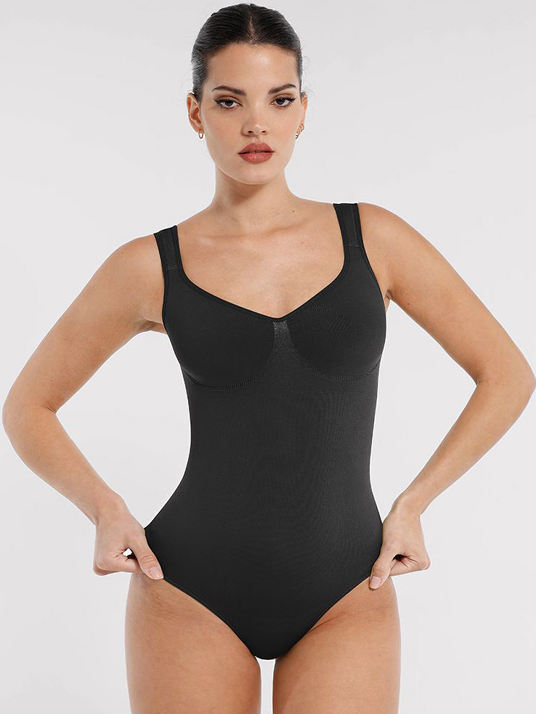 Navvi Ribbed Bodysuit Sleeveless V-Neck Wide Straps Shapewear