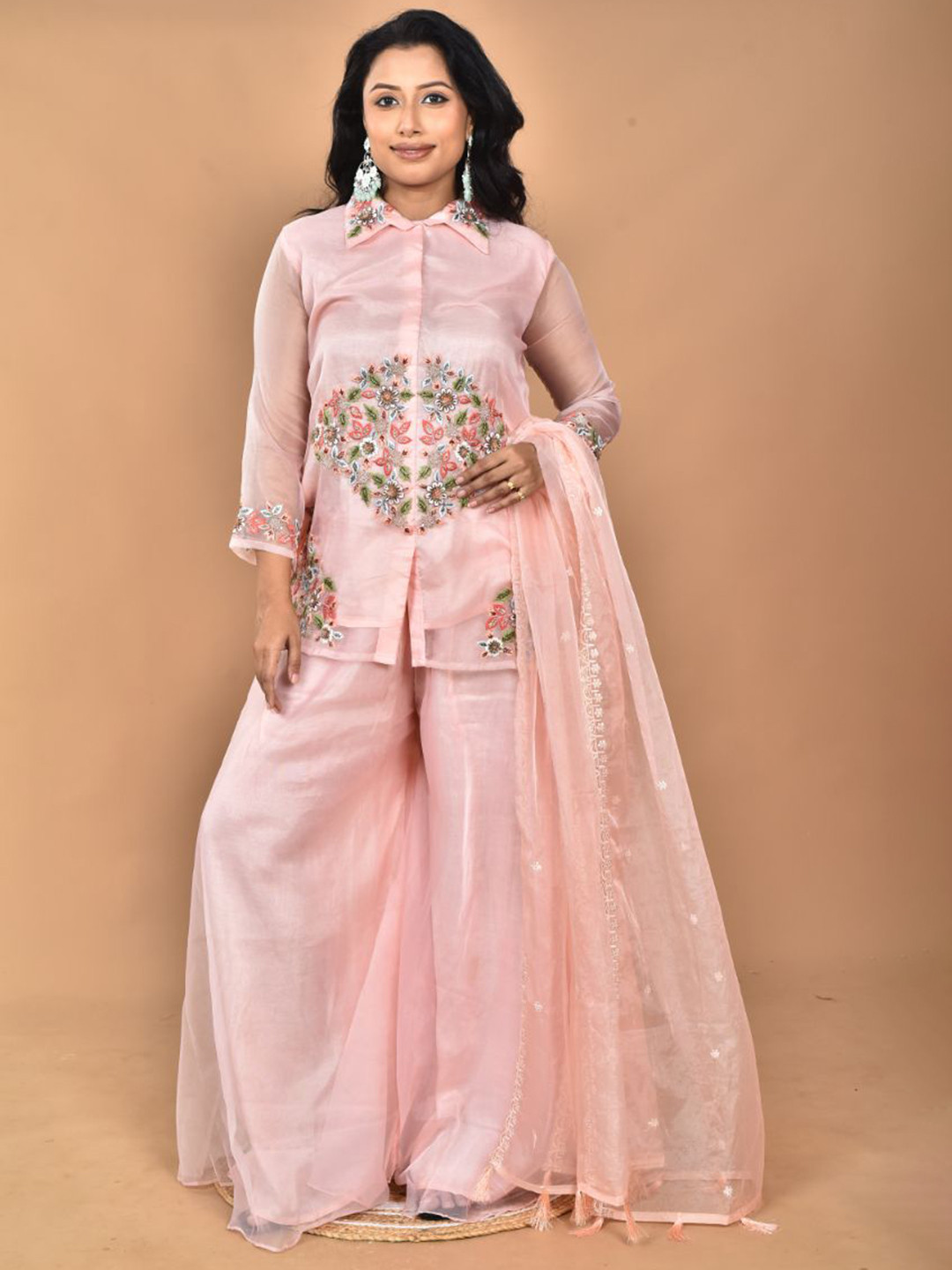 Machari Embroidered Top With Palazzos & Dupatta Co-Ords