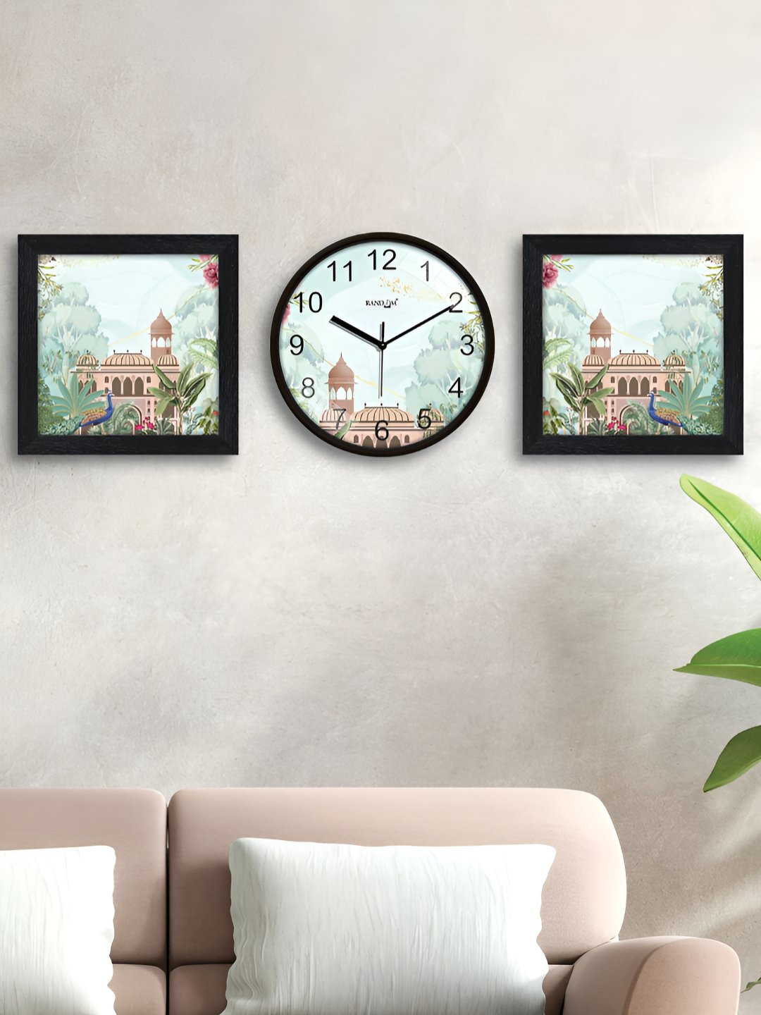 RANDOM Green & Brown Printed Traditional Wall Clock With 2 Photo Frames