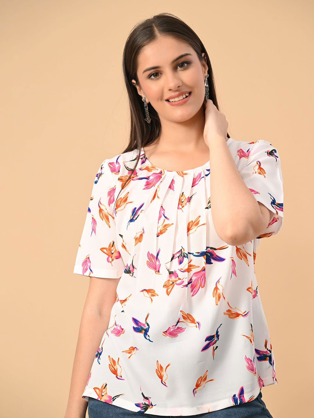 MEESAN Conversational Printed Crepe Top