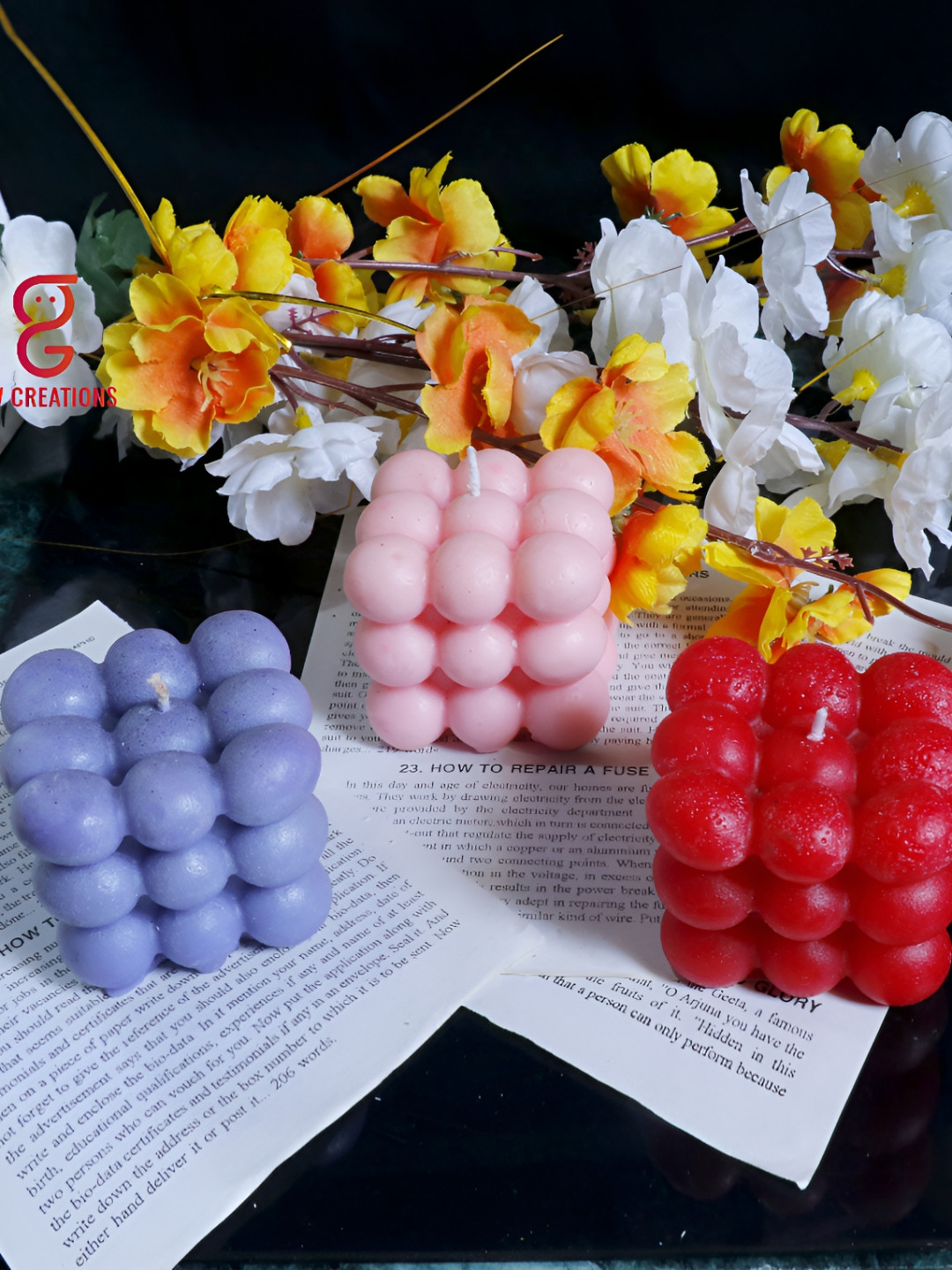 Aura Handmade 3D Cube 3Pcs Rose, Lavender and Strawberry Solid Tea Light Candles