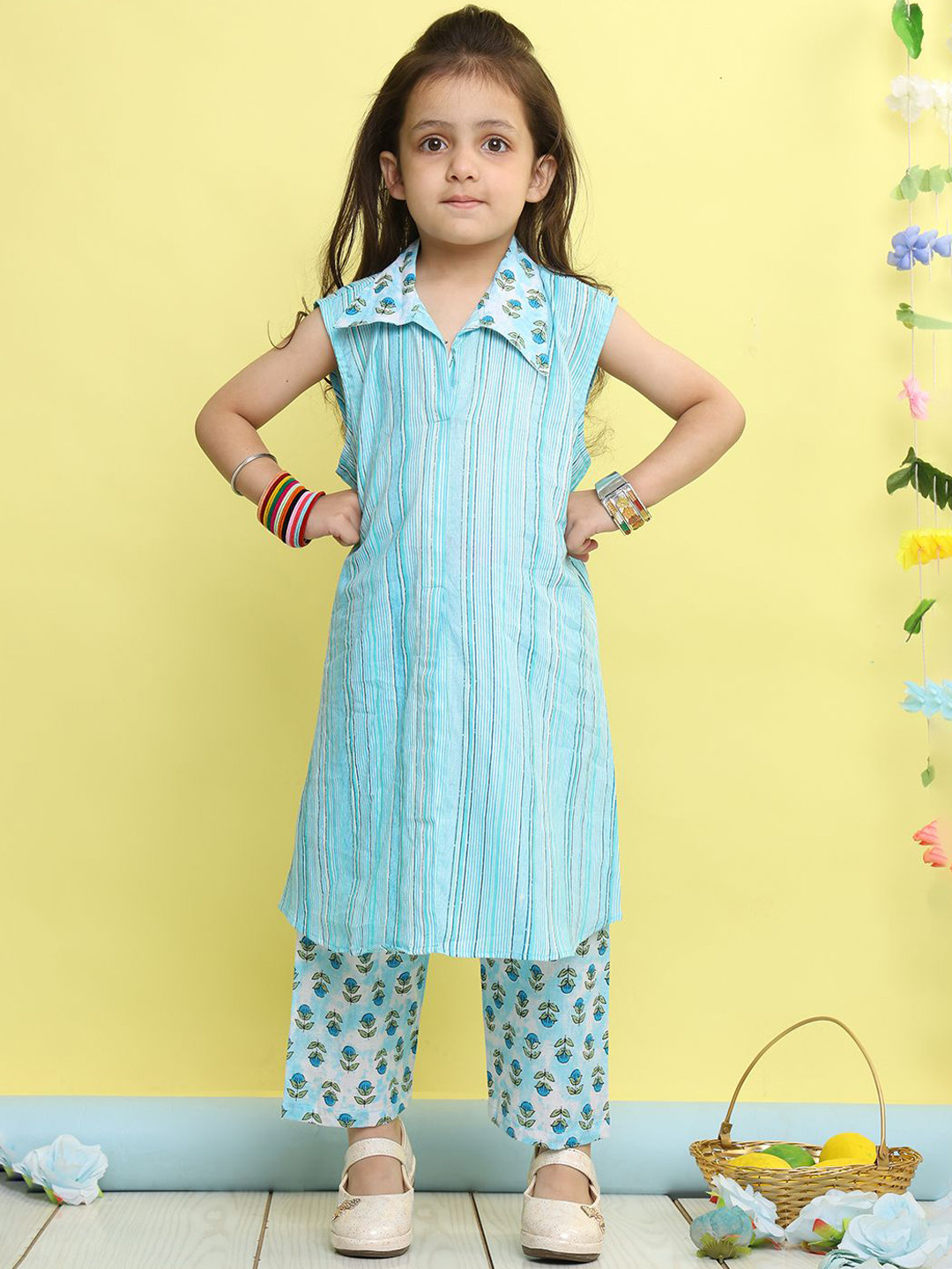 Here&Now X Kinder Kids Girls Striped Printed Aline Regular Kurta with Palazzos