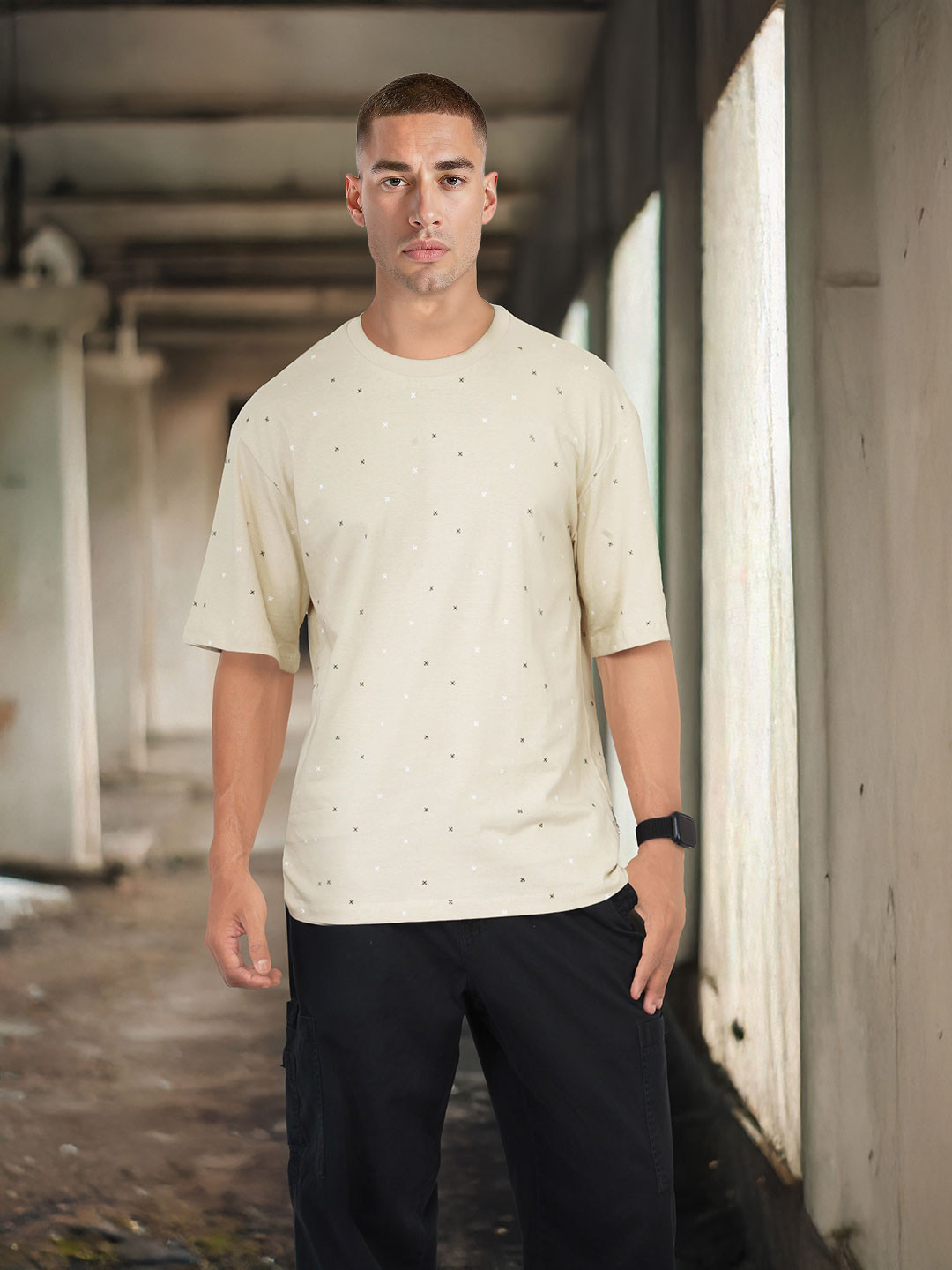 The Roadster Life Co. Micro Ditsy Print Drop-Sleeves Pure Cotton Relaxed Fit T-shirt