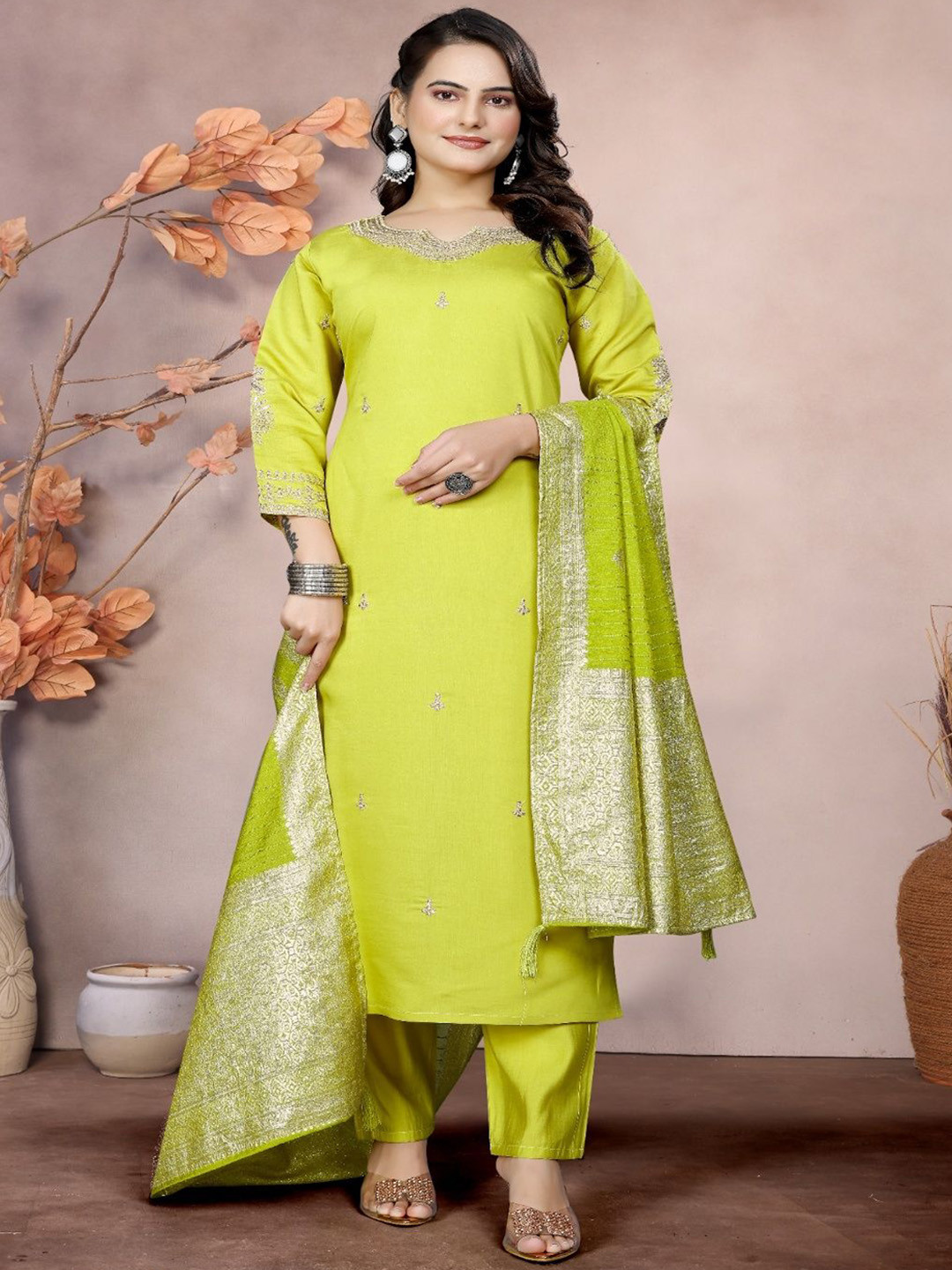 PRIPA8 Women Ethnic Motifs Embroidered Cotton Kurta with Palazzos & Dupatta