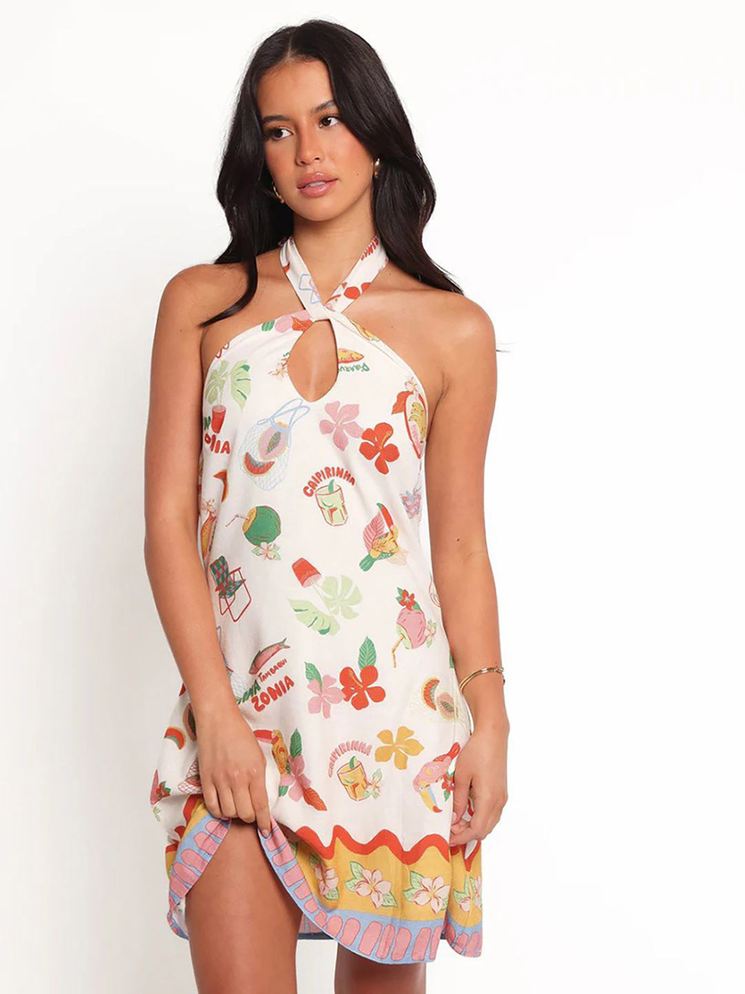 JC Mode Women Conversational Printed Halter Neck Casual A-Line Dress