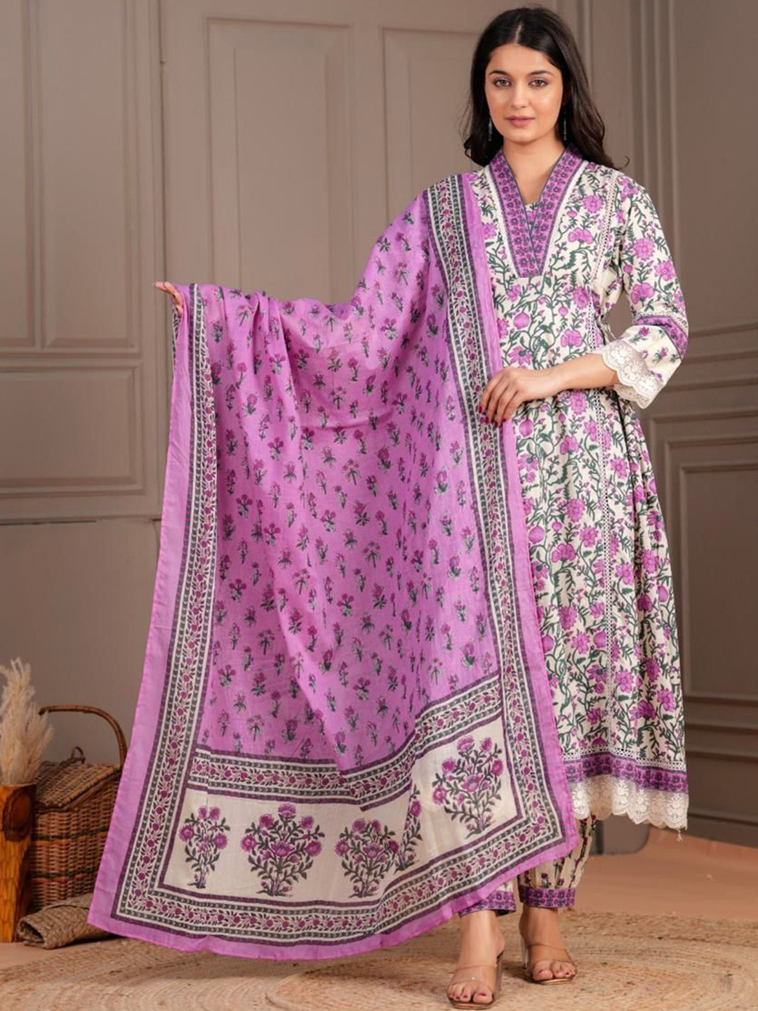 AUTUMN LANE Women Floral Printed Cotton Kurta with Dhoti Pants & Dupatta