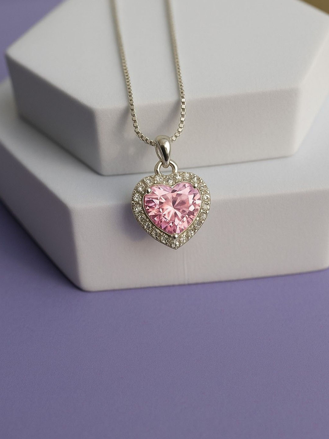 ShimmerTots Girls 925 Sterling Silver Rhodium-Plated CZ-Studded Heart Pink Pendant & Chain