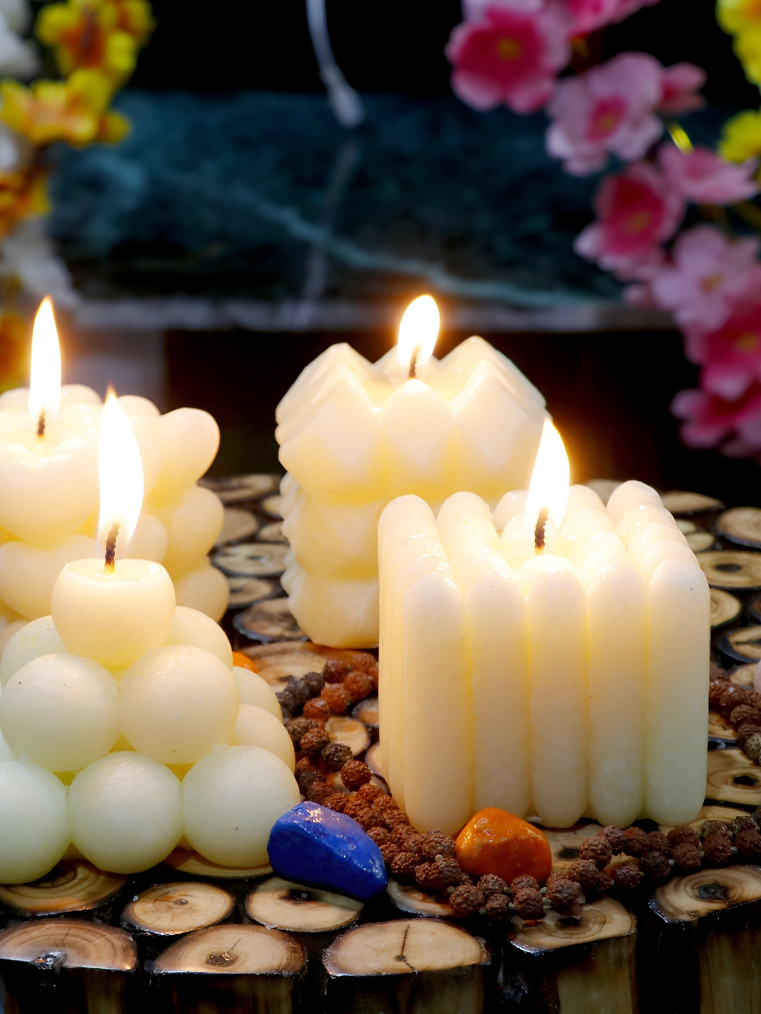 Aura Handmade Pyramid and Missile Cube 4Pcs Long Burning Solid Pillar Candles