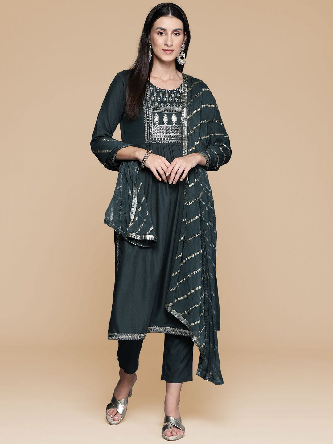 House of Pataudi Yoke Design A-Line Kurta & Trousers With Dupatta
