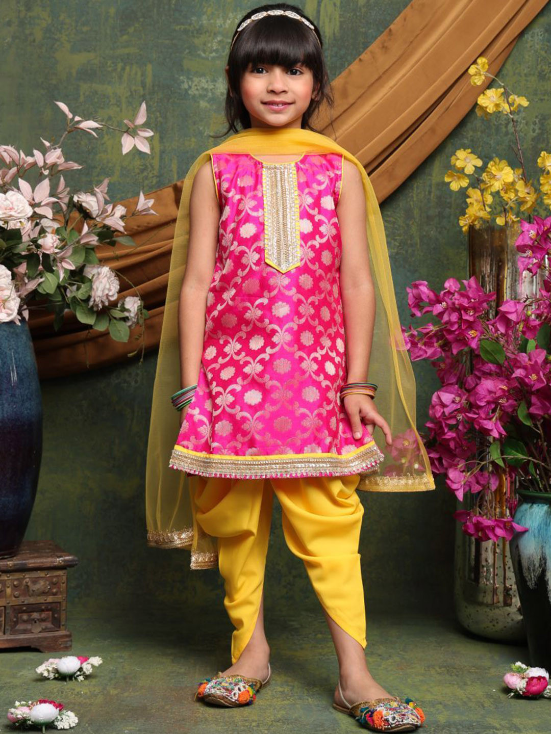 SAKA DESIGNS Girls Floral Woven Design Gotta Patti Art Silk Kurta Dhoti Pants & Dupatta