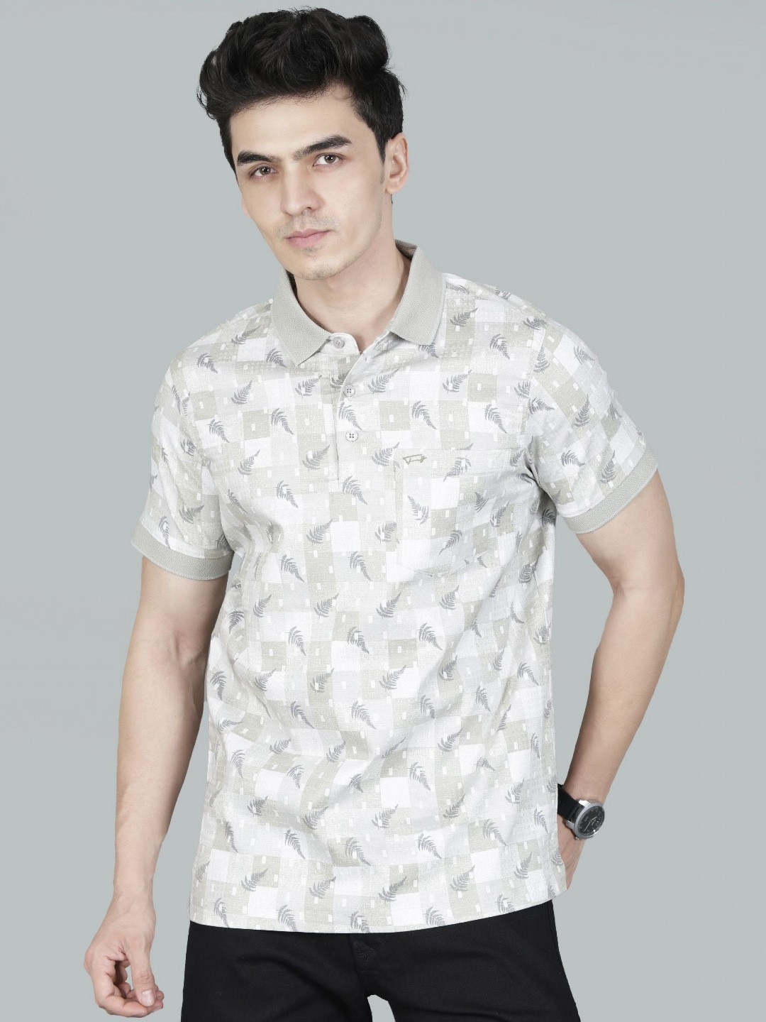 Fort Collins Abstract Printed Polo Collar Tropical Cotton T-shirt
