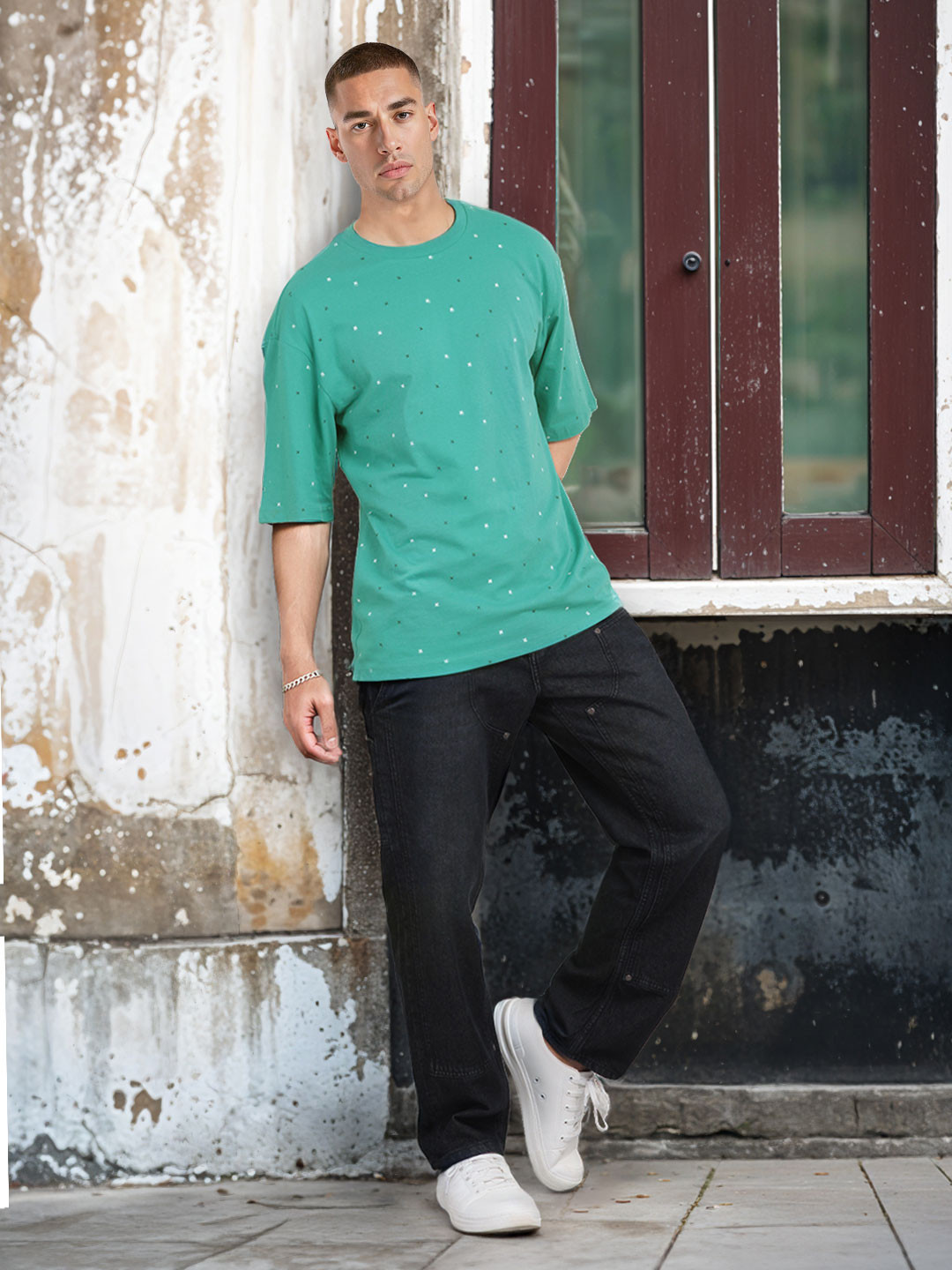 The Roadster Life Co. Micro Ditsy Print Drop-Sleeves Pure Cotton Relaxed Fit T-shirt