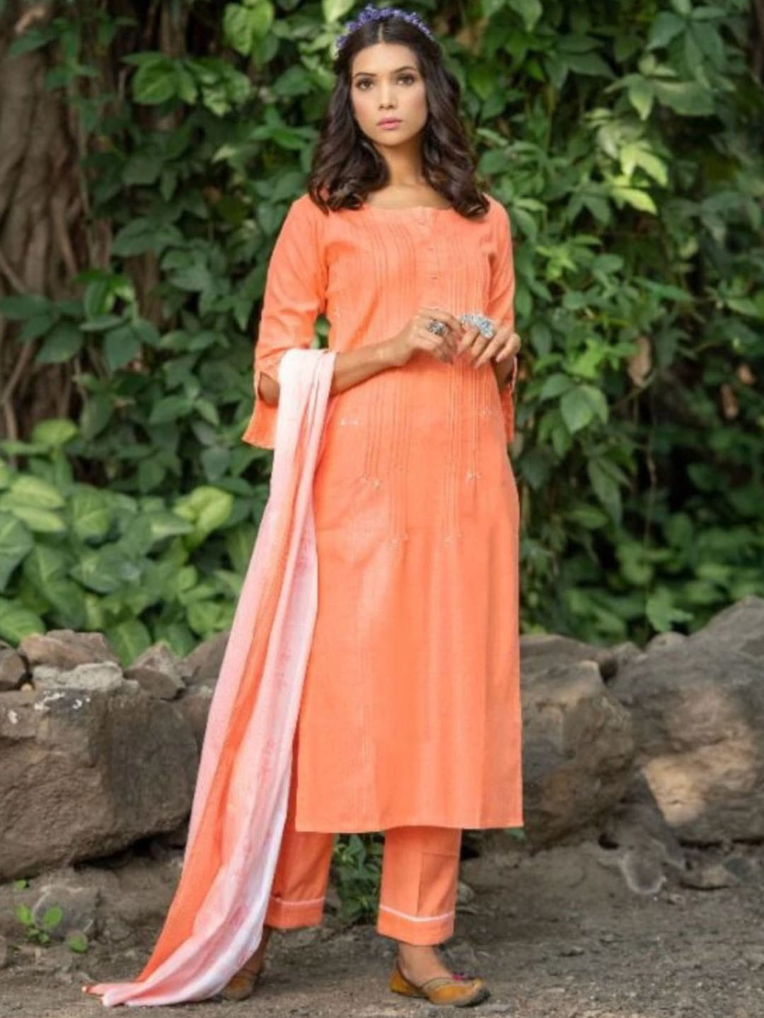 Atha Fashion Elysian Charm Pleated Pure Cotton Kurta With Trouser & Dupatta