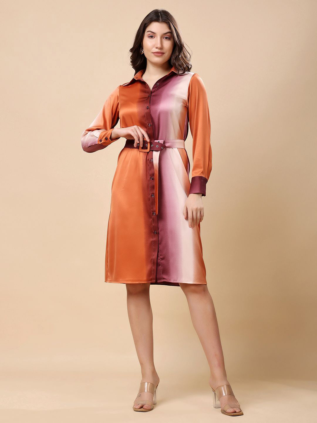 T TRYON ULTIMATE Women Tie and Dye Satin Shirt Midi Dress with a Belt