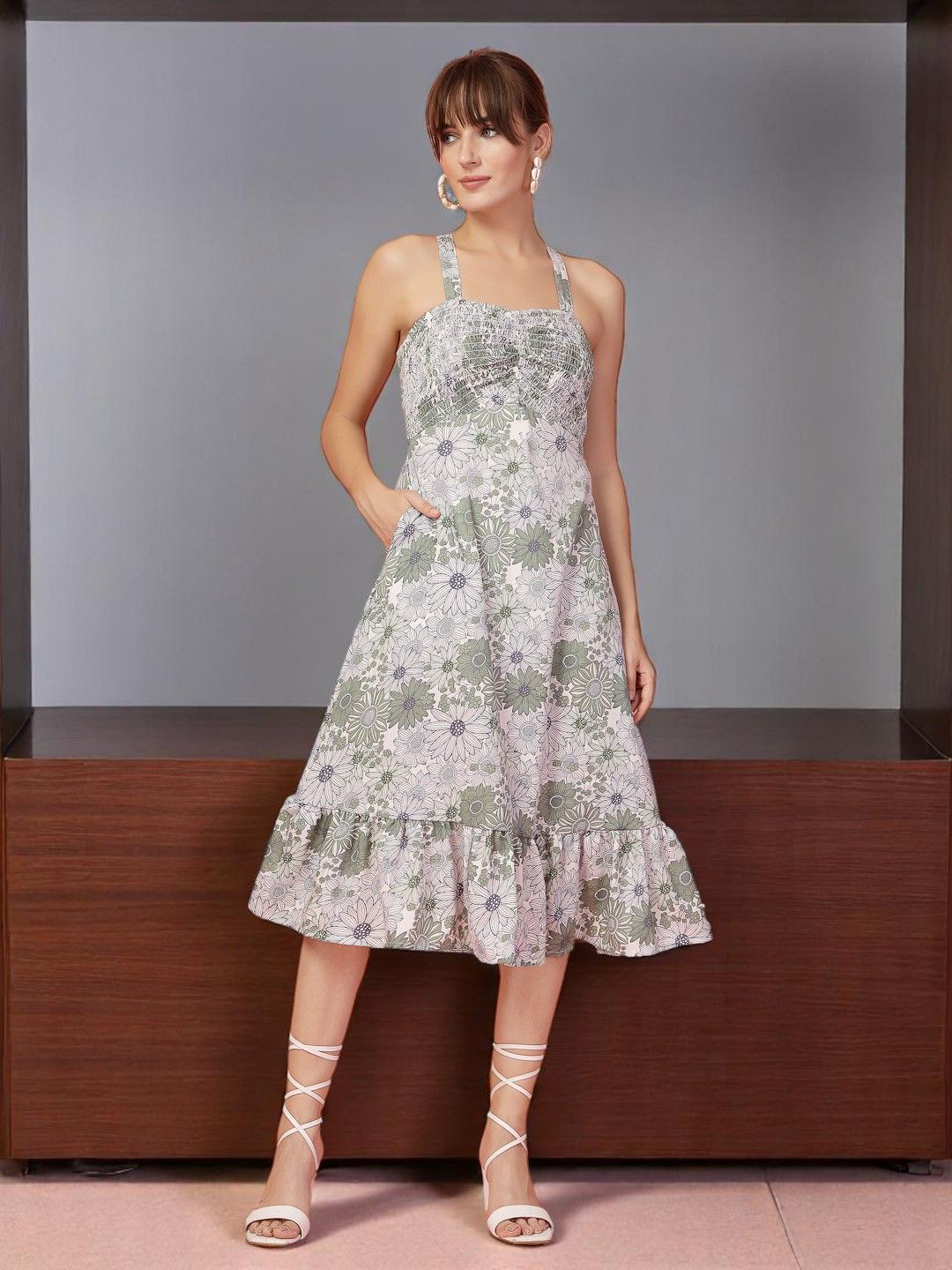 OOMPH! FACTOR Women Floral Print A-Line Midi Dress