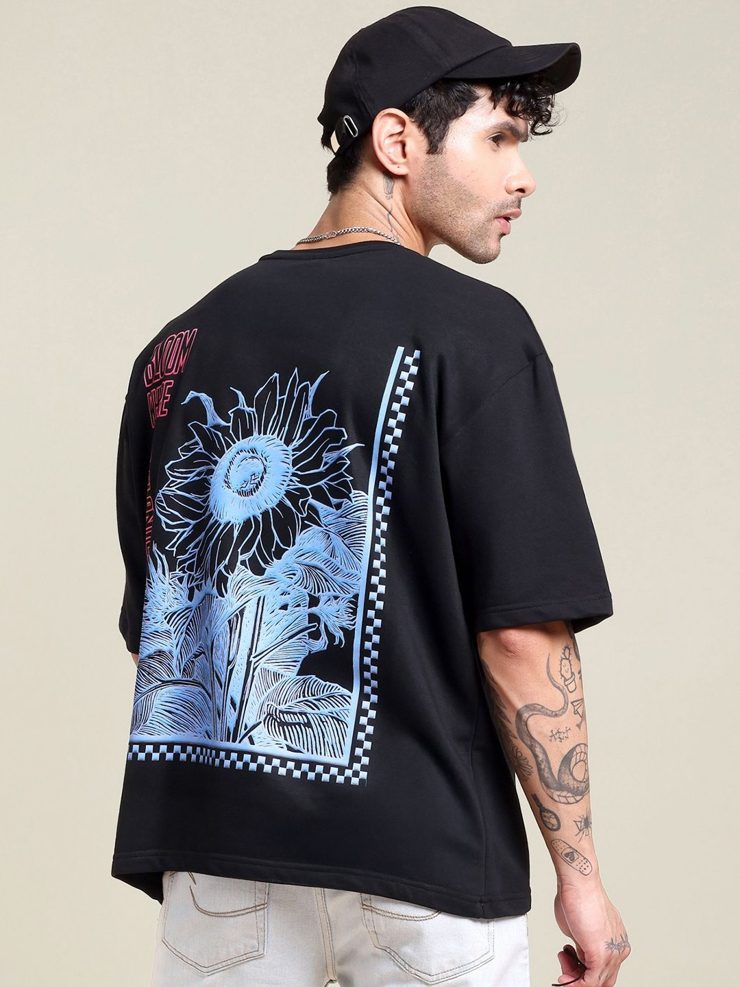 Midnight LAW Graphic Printed Drop-Shoulder Round Neck Cotton Oversized T-shirt