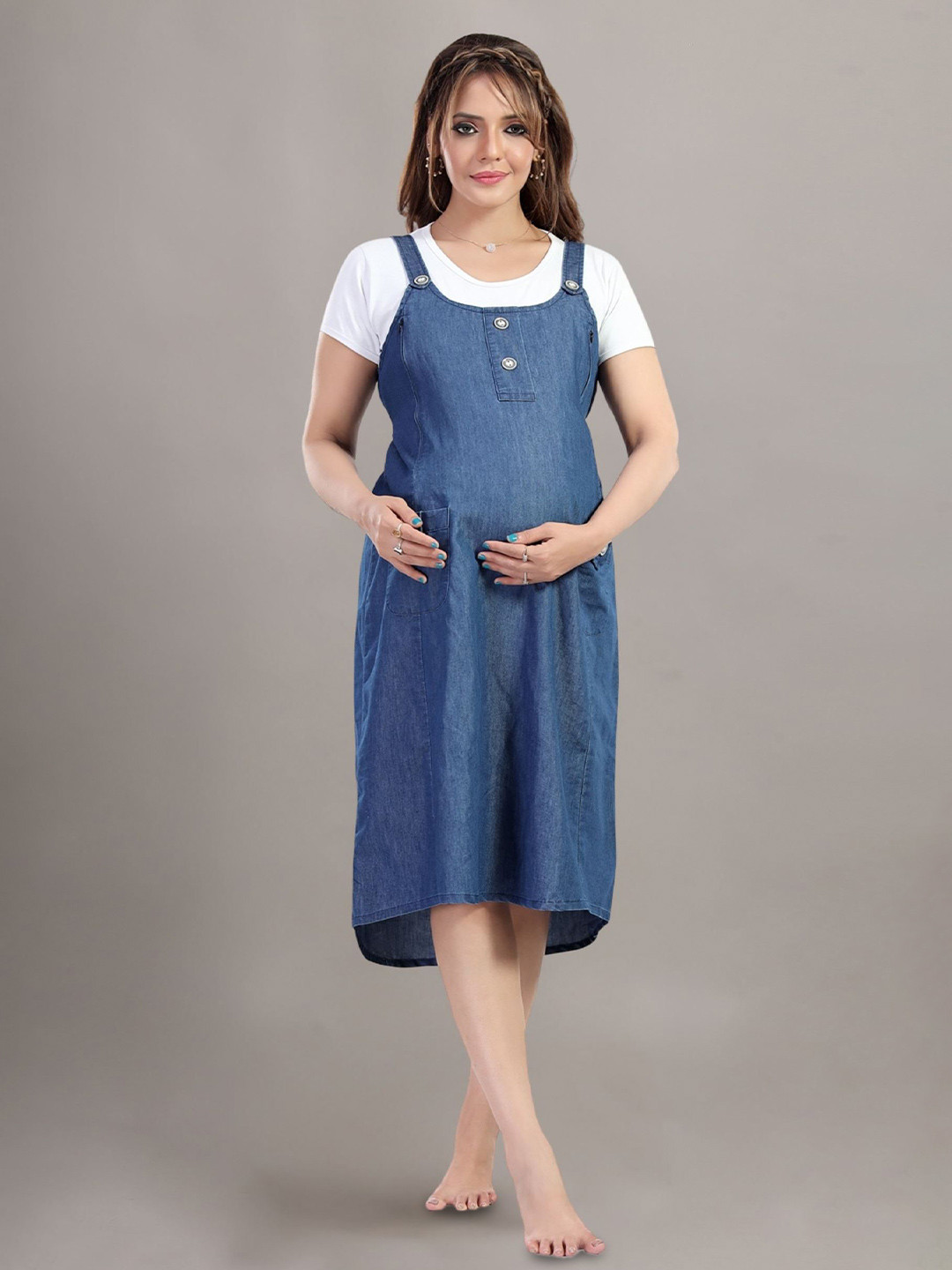 Fabme Women Maternity Denim Pinafore Dress
