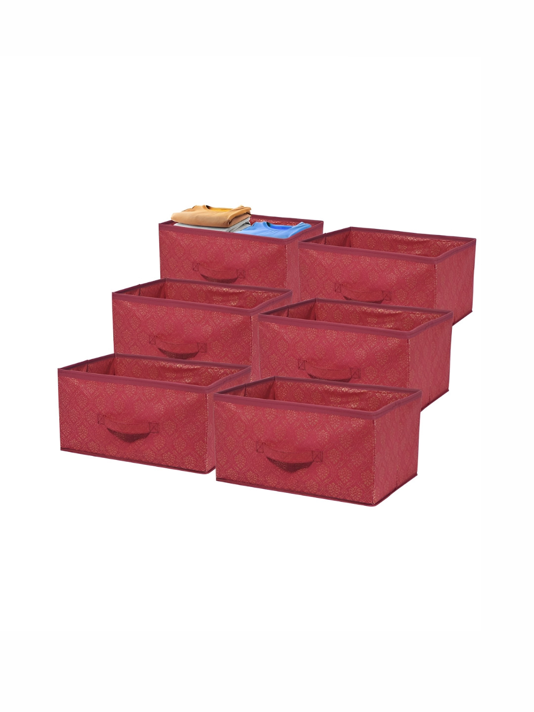 Aura 6 Pieces Maroon Non-Woven Foldable Cloth Storage Organiser Wardrobe Books-Toy Box