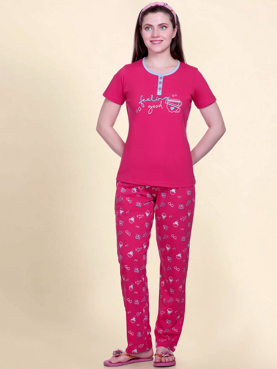 ETC Women Conversational Printed Top & Pyjama Cotton Night suit