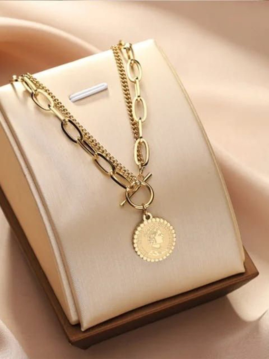 Brijsun Gold-Plated Layered Necklace With Vintage Coin Pendant
