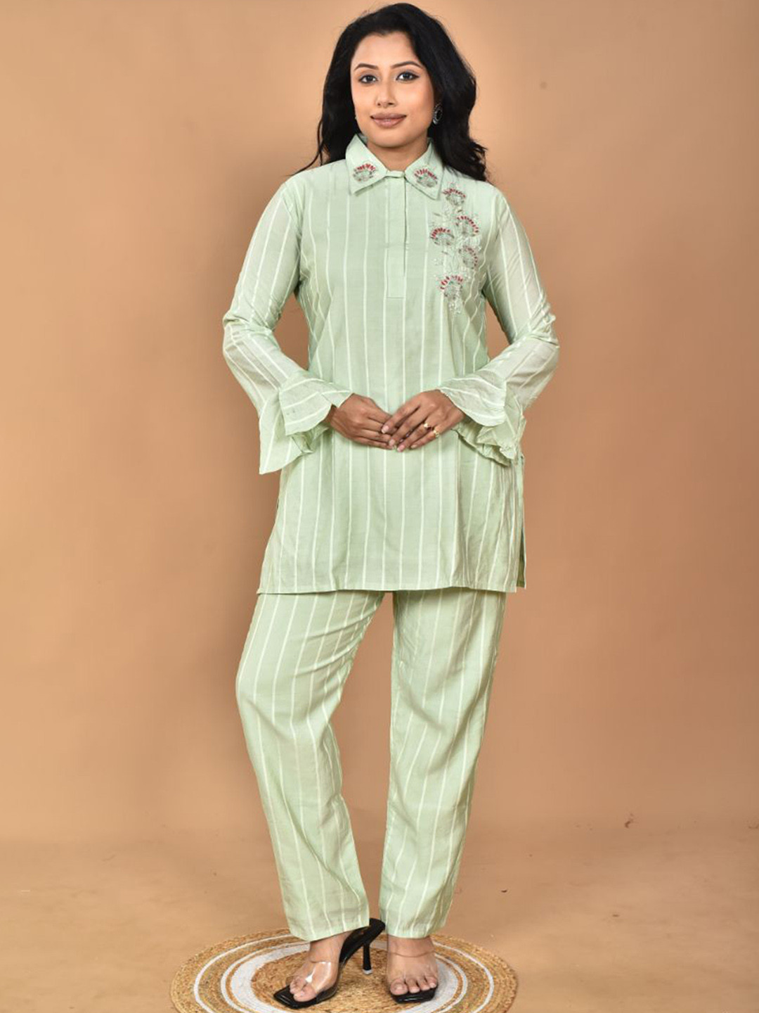 Morchari Embroidered Tunic With Striped Trousers Co-Ords
